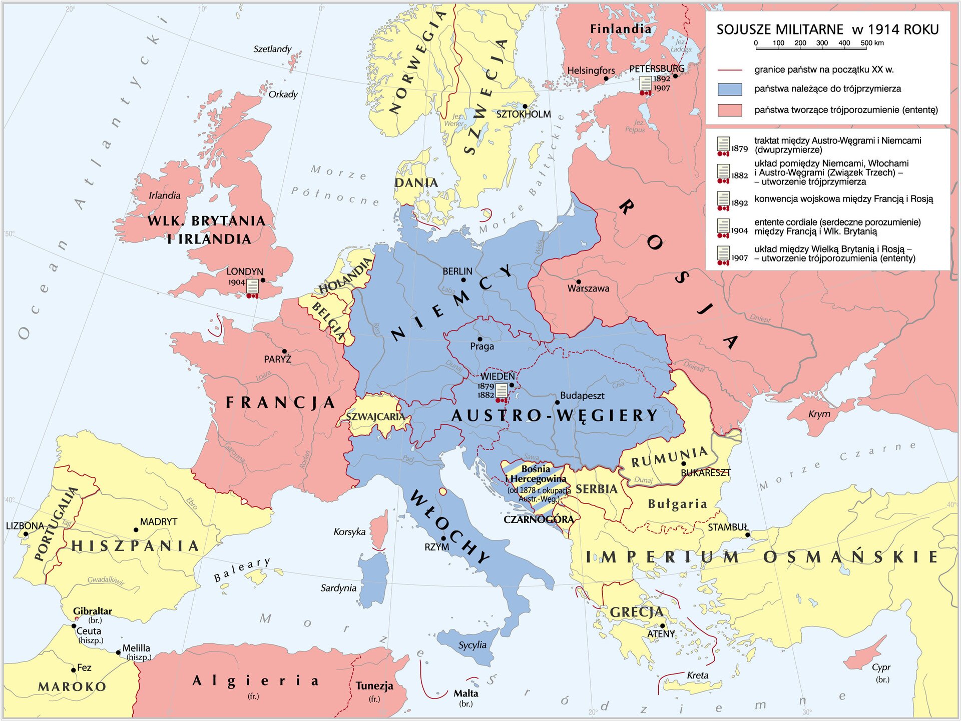 Mapa przedstawia sojusze militarne w Europie w roku 1914. Do tzw. trójprzymierza należą Niemcy, Austro-Węgry i Włochy. Do trójporozumienia Rosja, Wielka Brytania i Francja.