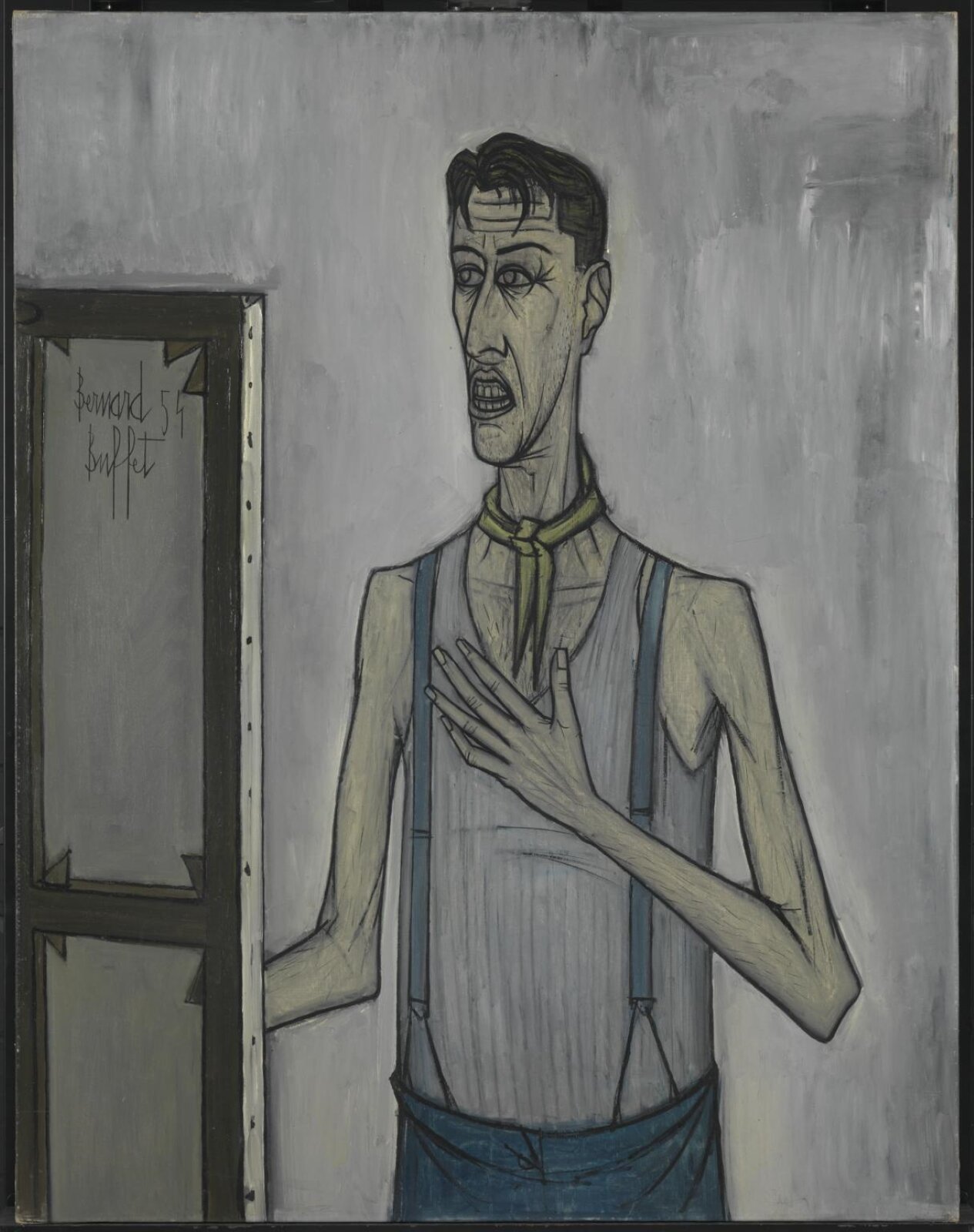 Ilustracja interaktywna przedstawia portret malarza przy pracy. Mężczyzna widoczny jest przodem na tle szarej ściany. Przed nim, tyłem do widza, stoi obraz opisany „Bernard 54 Buffet”. Na brzegach obrazu widać brązowy blejtram. Mężczyzna jest wysoki, szczupły, o pociągłej twarzy. Usta są otwarte, ukazując dwa rzędy zębów, nos jest długi, zakrzywiony, a oczy szeroko otwarte. Na czole oraz w okolicach oczu i szyi widoczne są głębokie zmarszczki. Jego włosy są ciemne, z opadającą na czoło rzadką grzywką. Na szyi artysty zawiązana jest żółta chustka, ma na sobie szarą koszulkę bez rękawów oraz niebieskie spodnie na szelkach. Jego ręce są długie, kościste. Prawa dłoń jest niewidoczna, skierowana na obraz, lewą dłonią natomiast artysta trzyma w okolicy swojego serca. 
