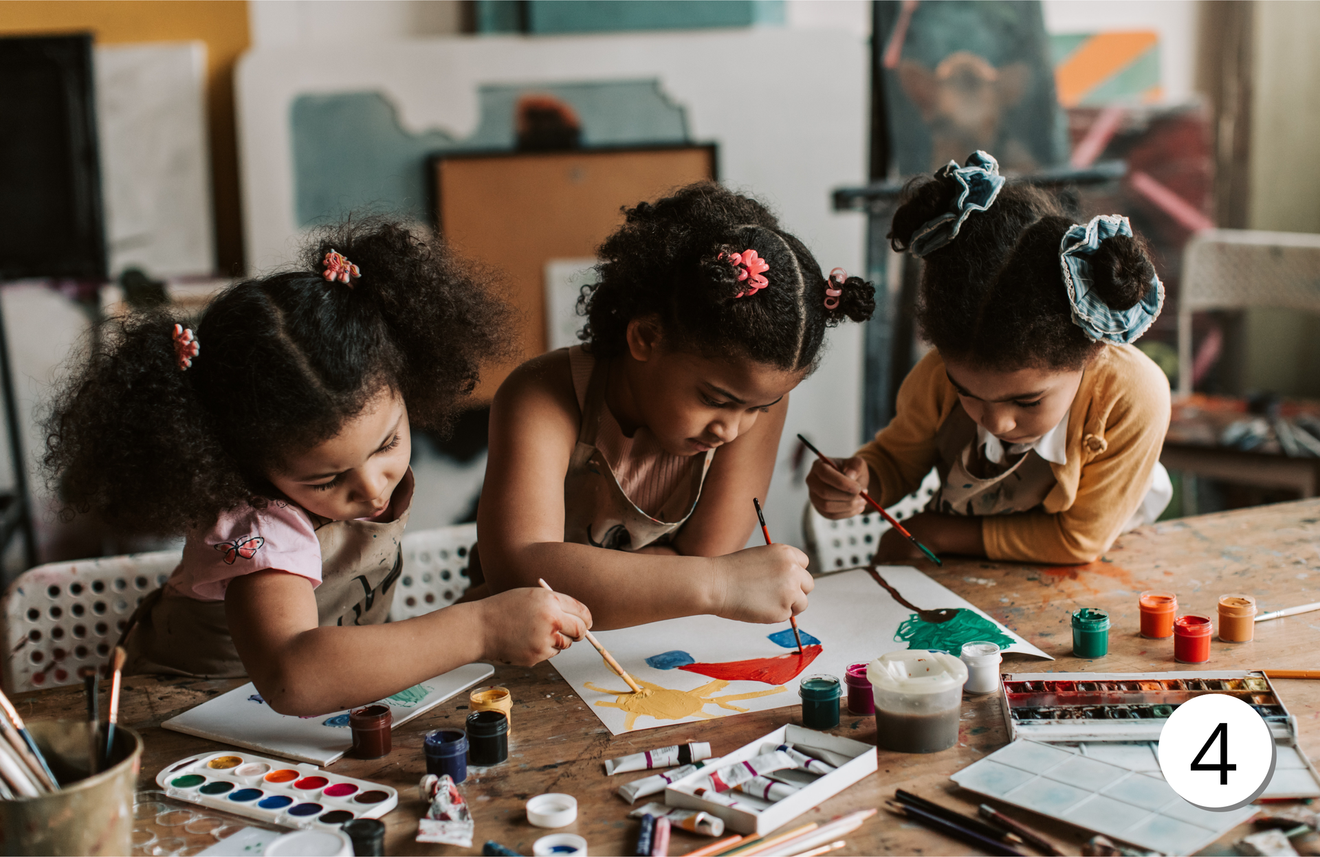 Zdjęcie przedstawia trzy dziewczynki siedzące przy stole. Dziewczynki malują farbami rysunki.
