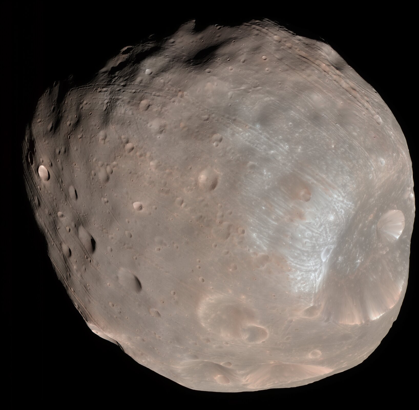 Zdjęcie przedstawia jeden z dwóch księżyców Marsa – Fobos. Kształt księżyca zbliżony do kuli, powierzchnia nieregularna. Widoczne małe, okrągłe zagłębienia – kratery. Kolor szarobrązowy.