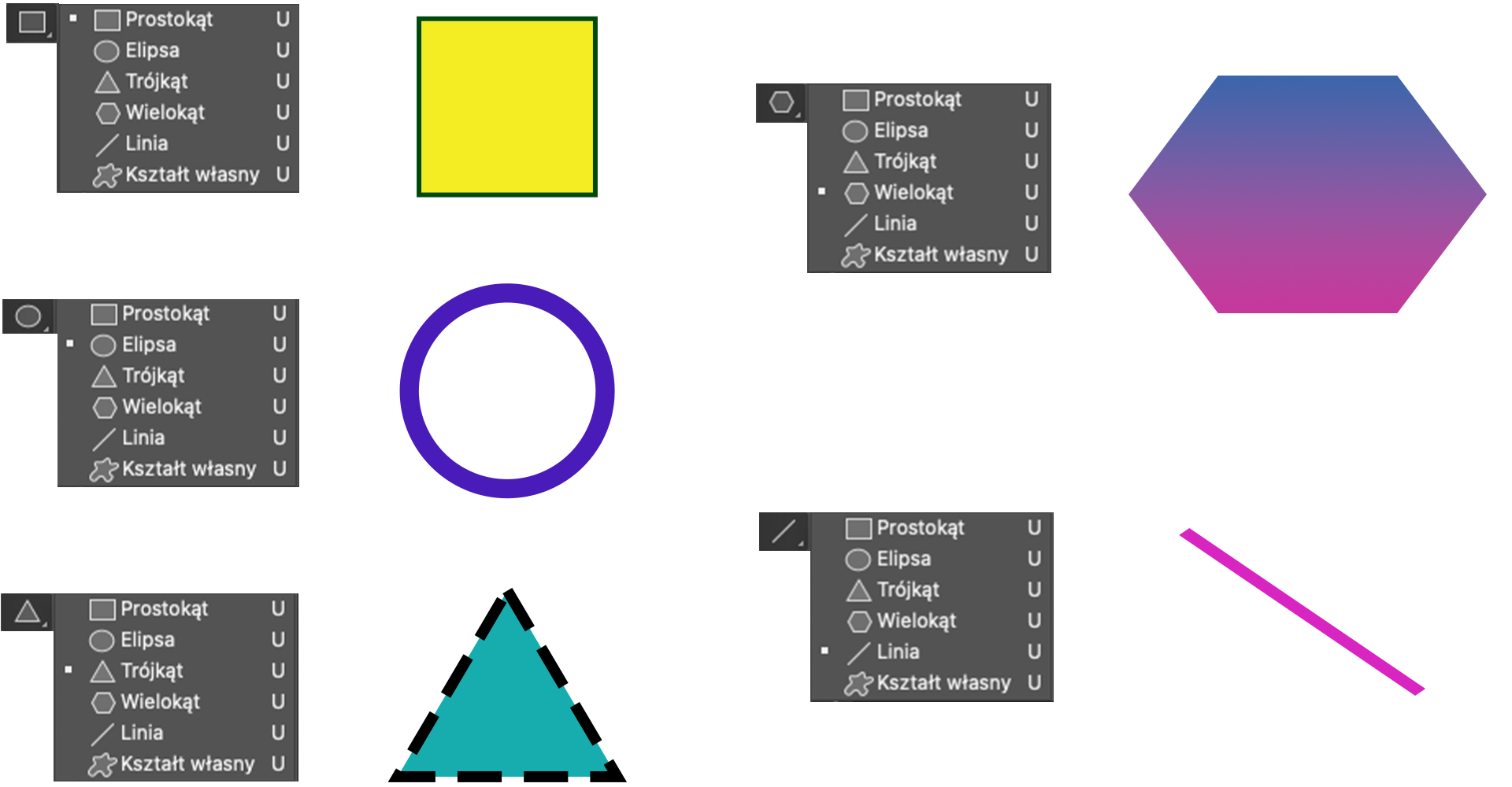 Ilustracja przedstawia cztery figury geometryczne, obok których są listy z funkcjami przekształceń. Na górze ilustracji jest żółty kwadrat, obok lista: Prostokąt, Elipsa, Trójkąt, Linia, Kształt własny. Wybrano prostokąt. Następnie jest fioletowy okrąg. Z listy opcji wybrano elipsę. Kolejno jest zielony trójkąt, jego boki zaznaczono czarną linią przerywaną. Z listy wybrano trójkąt. Następnie jest sześciokąt, jest cieniowany - od koloru niebieskiego do różowego. Z listy wybrano wielokąt. Na końcu znajduje się różowa kreska biegnąca na skos. Z listy wybrano linię.     