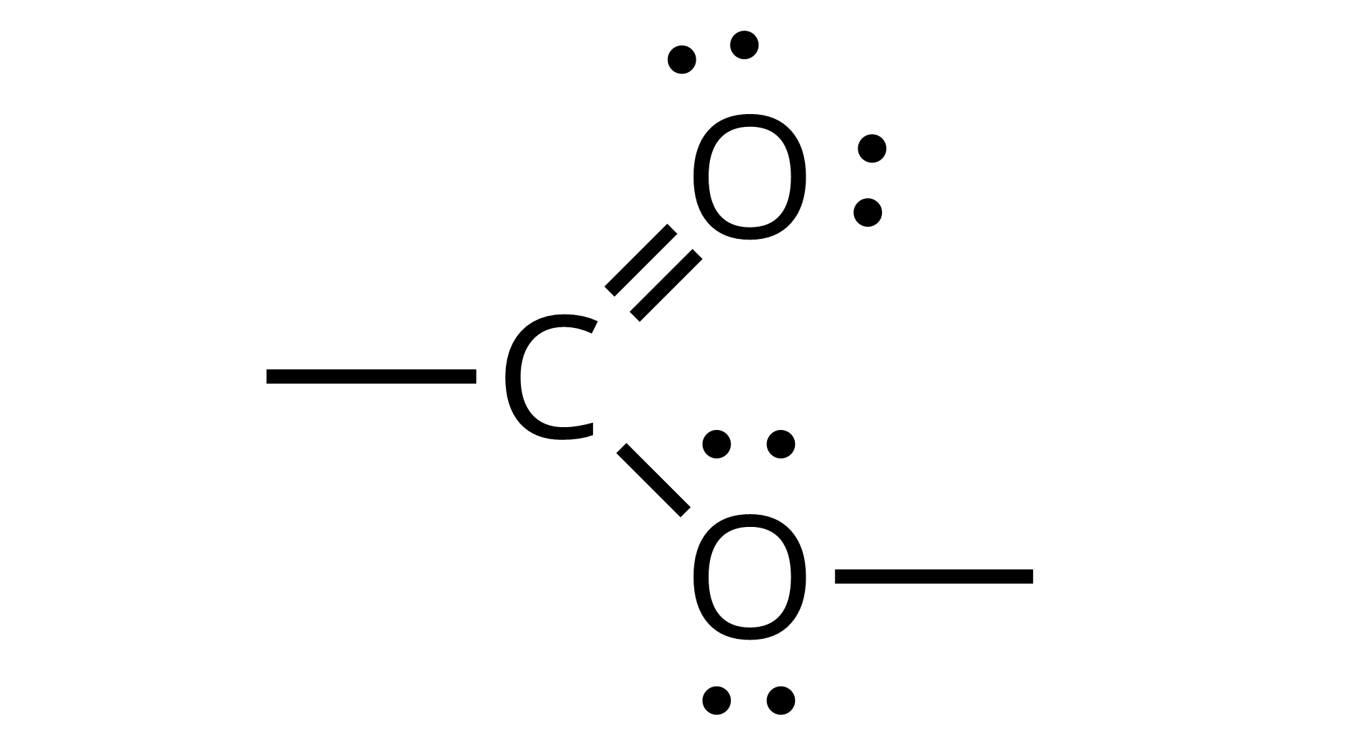 Na ilustracji przedstawiono wzór strukturalny grupy estrowej. Atom węgla tworzy wiązanie podwójne z atomem tlenu oraz wiązanie pojedyncze z drugim atomem tlenu. Ten atom tlenu tworzy jeszcze jedno wiązanie pojedyncze. Atomy tlenu posiadają dwie wolne pary elektronowe w postaci dwóch par kropek.