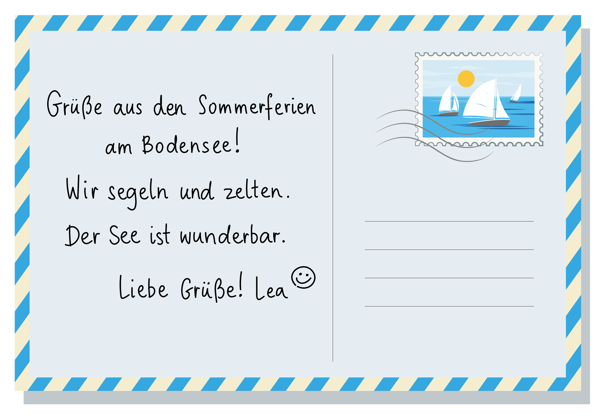 Widoczna jest ilustracja. Jest to pocztówka od Lei. Ma ramkę w niebiesko‑żółte paski i znaczek z jeziorem i żaglówkami. Transkrypcja dostępna poniżej.