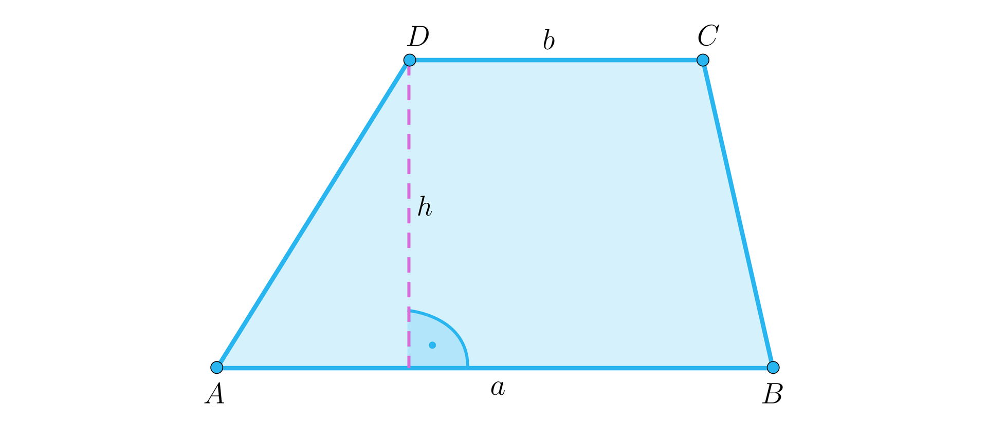 Na ilustracji przedstawiono trapez ABCD. Dłuższą podstawę oznaczono literą a, natomiast krótszą literą b. Linią przerywaną zaznaczono wysokość h, opuszczoną z wierzchołka D do podstawy AB.