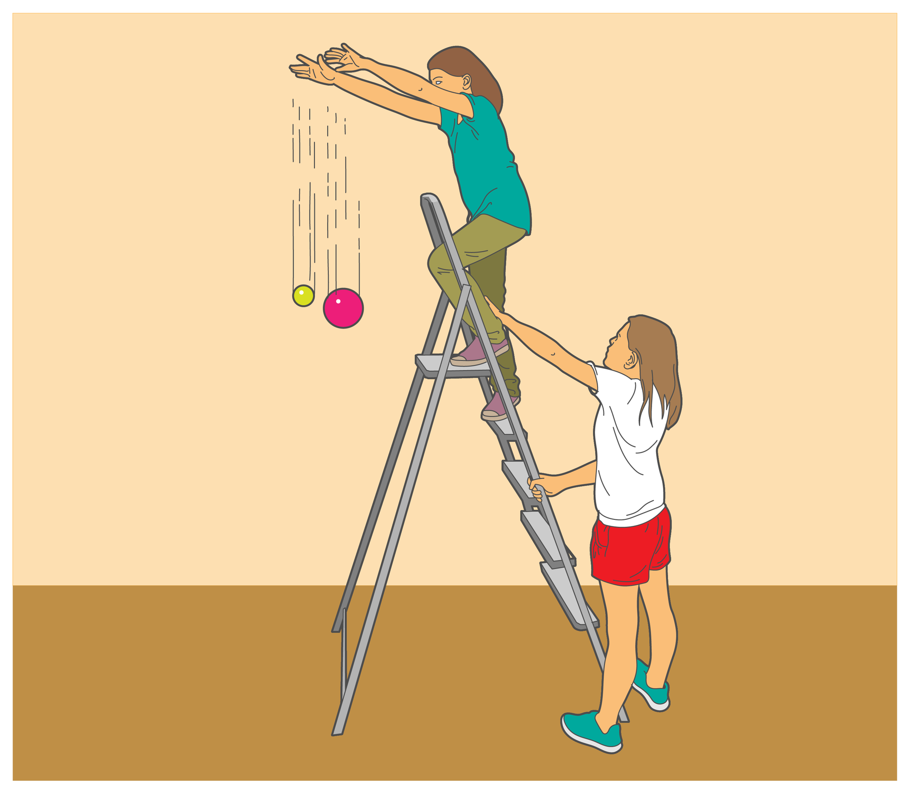 Ilustracja przedstawia dziewczynkę stojącą na drabinie i wypuszczającą z rąk dwie kule różnej wielkości. Obie kule spadają na podłogę z tą samą prędkością.