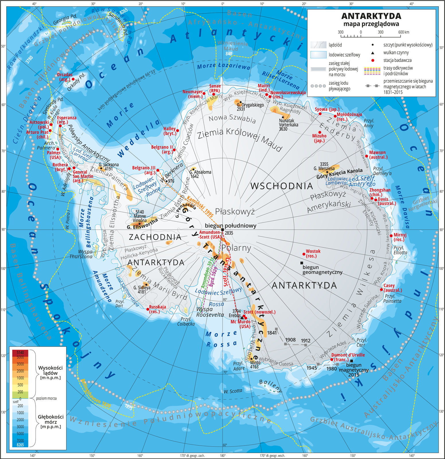Ilustracja przedstawia mapę przeglądową Antarktydy. Cały obszar lądowy pokolorowany jest kolorem szarym co oznacza lądolód pokrywający całą powierzchnię kontynentu. Morza zaznaczono odcieniami koloru niebieskiego. Na mapie opisano nazwy krain geograficznych, lodowców, przylądków. Oznaczono czarnymi kropkami i opisano szczyty górskie. Czerwonymi kropkami przedstawiono stacje badawcze. Jest ich około trzydziestu i znajdują się gównie na wybrzeżach. Mapa pokryta jest równoleżnikami i południkami. Dookoła mapy w białej ramce opisano współrzędne geograficzne co dziesięć stopni. W legendzie umieszczono i opisano znaki użyte na mapie.