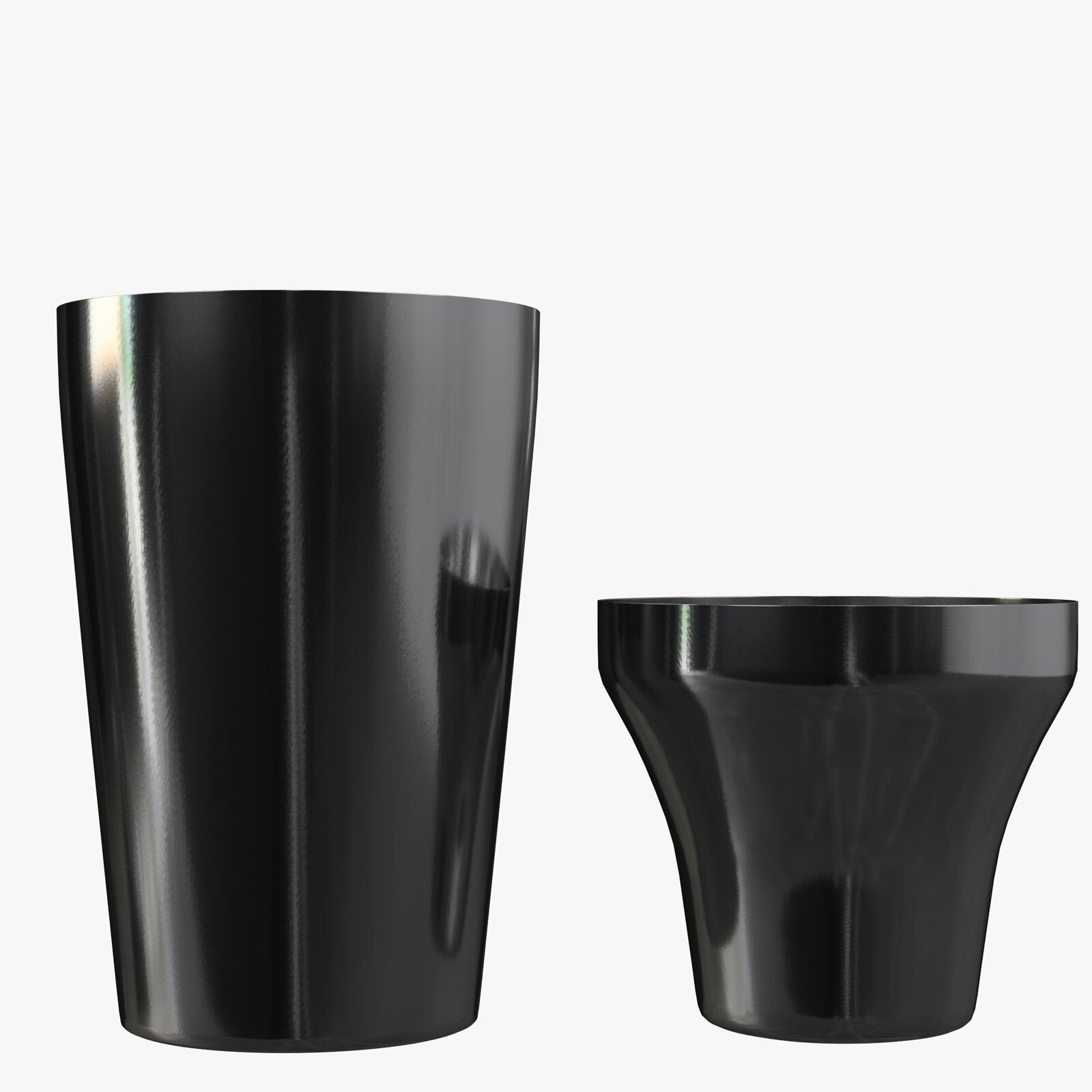 Zdjęcie przedstawia metalowy shaker składający się z metalowego kubka i pokrywki w kształcie tulipana.