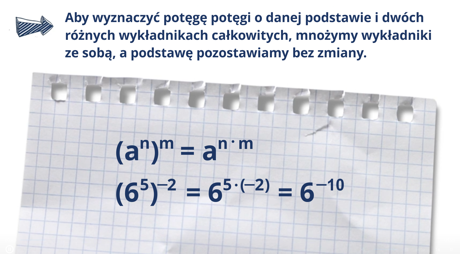 Ilustracja przedstawia kartkę z zeszytu, na której zapisano: Aby wyznaczyć potęgę potęgi o danej podstawie i dwóch różnych wykładnikach całkowitych, mnożymy wykładniki ze sobą, a podstawę pozostawiamy bez zmiany. Pod spodem zapisano anm=an·m, a jeszcze niżej 65-2=65·-2=6-10.