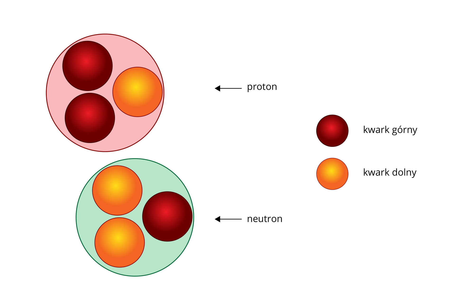 Schemat przedstawiający proton i neutron jako zbiór kwarków