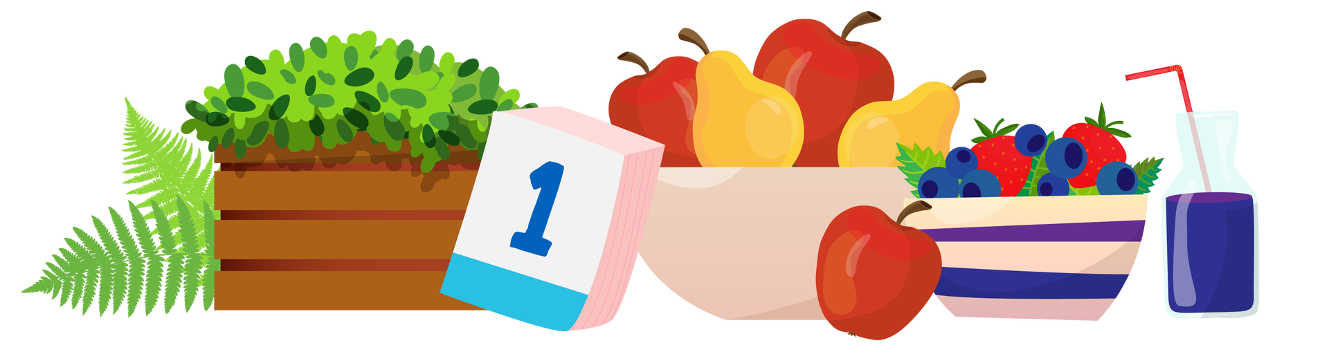 Ilustracja przedstawia kilka przedmiotów ustawionych blisko siebie. Po lewej stronie stoi zielona roślina w brązowej skrzynce, zza której widać dwie zielone gałązki paproci. Na środku znajduje się kalendarz ze zrywanymi karteczkami. Na widocznej kartce jest ciemnoniebieska cyfra jeden. Dalej na prawo stoi beżowa miska wypełniona czerwonymi jabłkami i żółtymi gruszkami. Kolejne czerwone jabłko leży obok miski. Po prawej stronie znajduje się miska w beżowo‑fioletowe paski. Jest wypełniona truskawkami i borówkami. Obok stoi szklanka fioletowego soku ze słomką w środku.