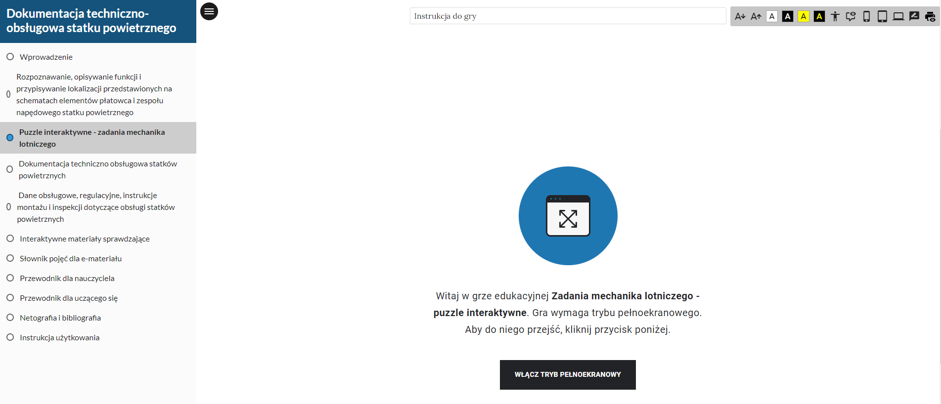 Menu nawigacji w materiale interaktywnym