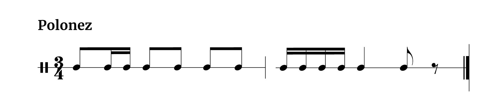 Grafika przedstawia fragment partytury w metrum trzy czwarte, z zapisem rytmu poloneza. W pierwszym takcie na pierwszą miarę zapisano ósemkę oraz dwie szesnastki, na miary drugą oraz trzecią po dwie ósemki. W takcie drugim na pierwszą miarę zapisano cztery szesnastki, na drugą miarę ćwierćnutę, a na miarę trzecią ósemkę oraz pauzę ósemkową.