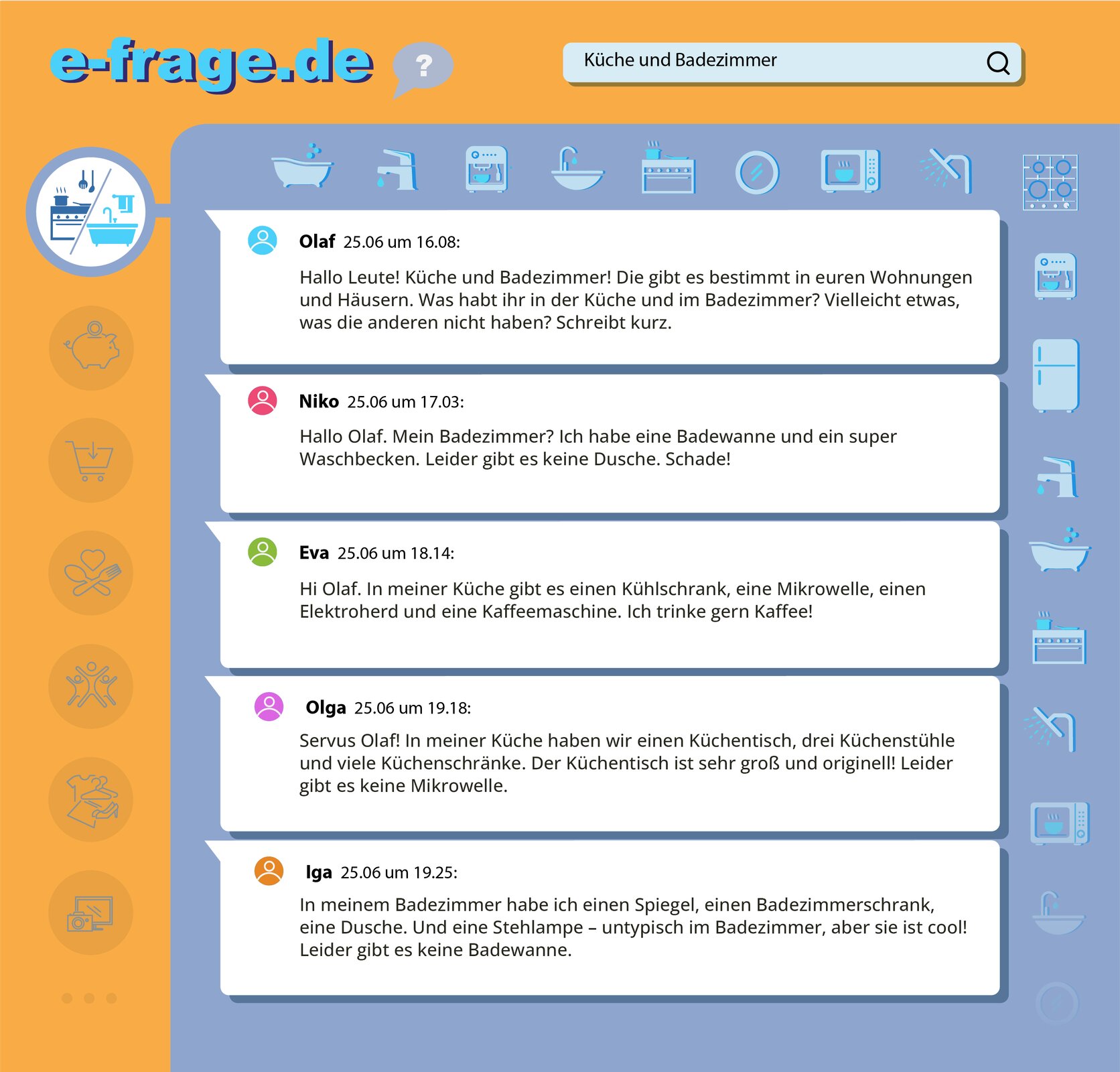 Ilustracja przedstawia forum internetowe. Wokół wpisów widoczne są ikony sprzętów łazienkowych i kuchennych. Transkrypcja dostępna poniżej.