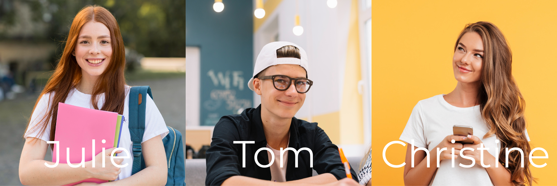 Ilustracja zawiera trzy zdjęcia. Dwóch młodych kobiet oraz młodego mężczyzny. Ich imiona to Julie, Christine oraz Tom.