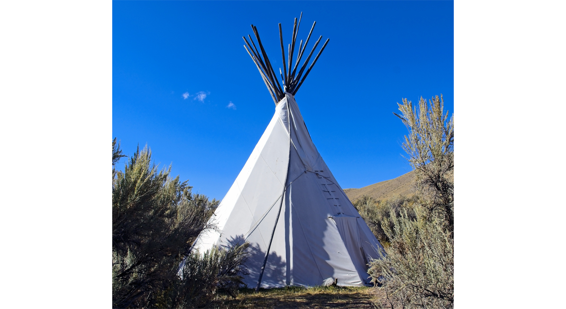 Zdjęcie przedstawia wigwam, czyli namiot wykonany z drewnianych badyli i materiałowej narzuty. Obiekt ten ma kształt ostrosłupa i znajduje się na łące. 