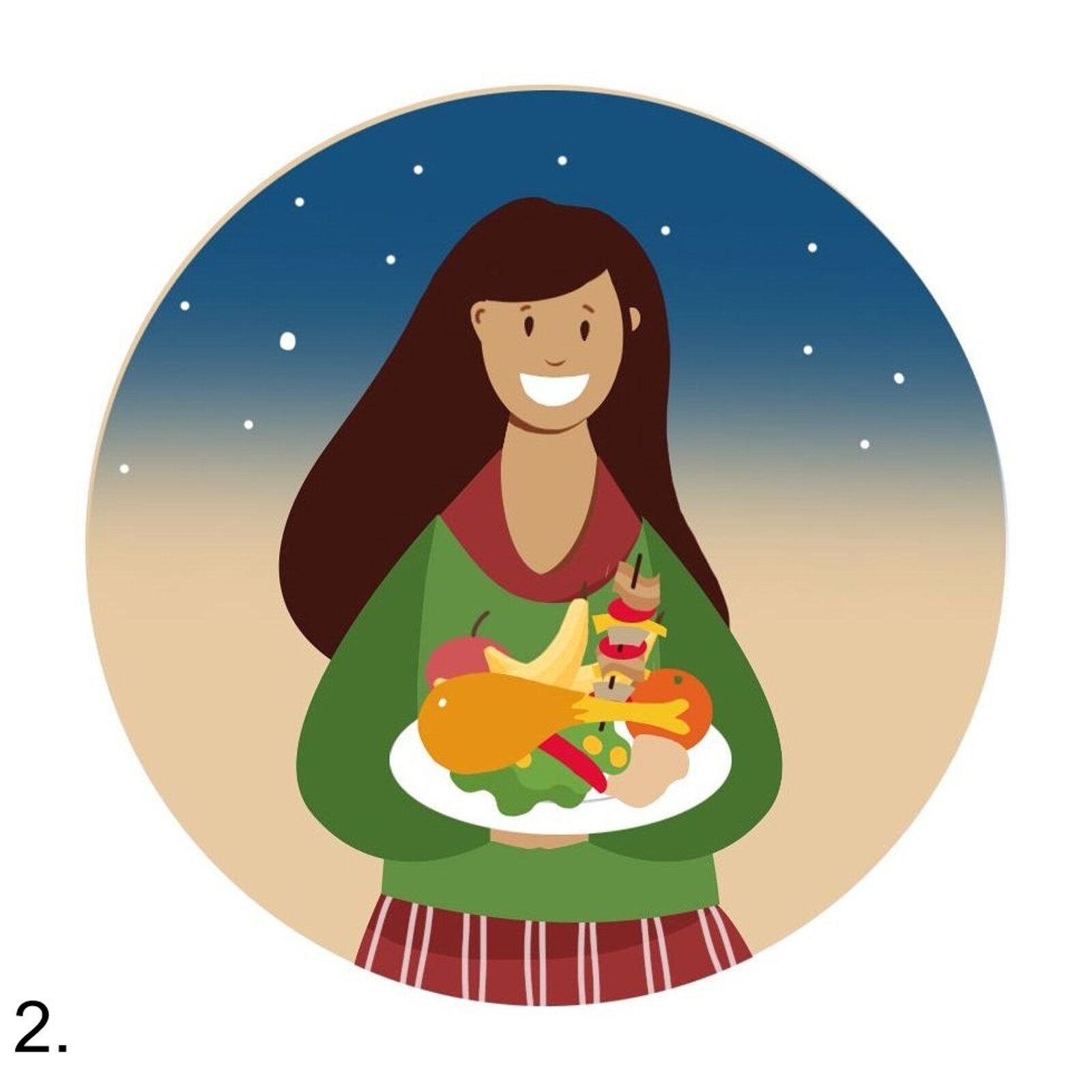 Rysunek przedstawia uśmiechniętą, młodą kobietę trzymającą w dłoniach talerz. Talerz jest wypełniony jedzeniem: mięsem, warzywami, owocami i szaszłykiem.