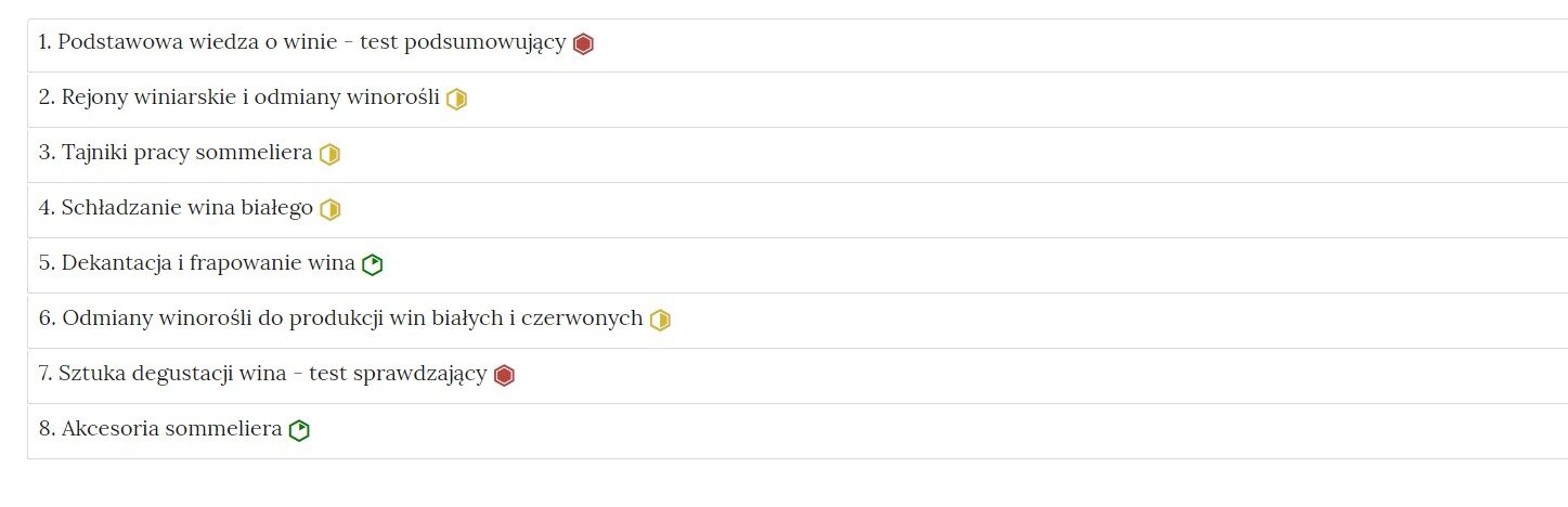 Grafika przedstawia widok interaktywnego materiału sprawdzającego, czyli zbioru poszczególnych zadań w formie listy z nazwami zadań, gdzie po kliknięciu w nazwę zadania pojawi się jego zawartość. Na liście, na prawo od nazwy każdego zadania widnieje ikonka informująca o poziomie trudności danego zadania.
