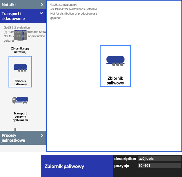 W oknie programu widoczna jest podświetlona zakładka transport i składowanie. Po lewej stronie znajdują się różne ikonki: zbiornik ropy naftowej, zbiornik paliwowy, transport benzyny cysternami. W centralnej części okna dialogowego przeciągnięta została ikona zbiornik paliwowy. Poniżej zapisano: zbiornik paliwowy, twój opis, pozycja 10 – 101.