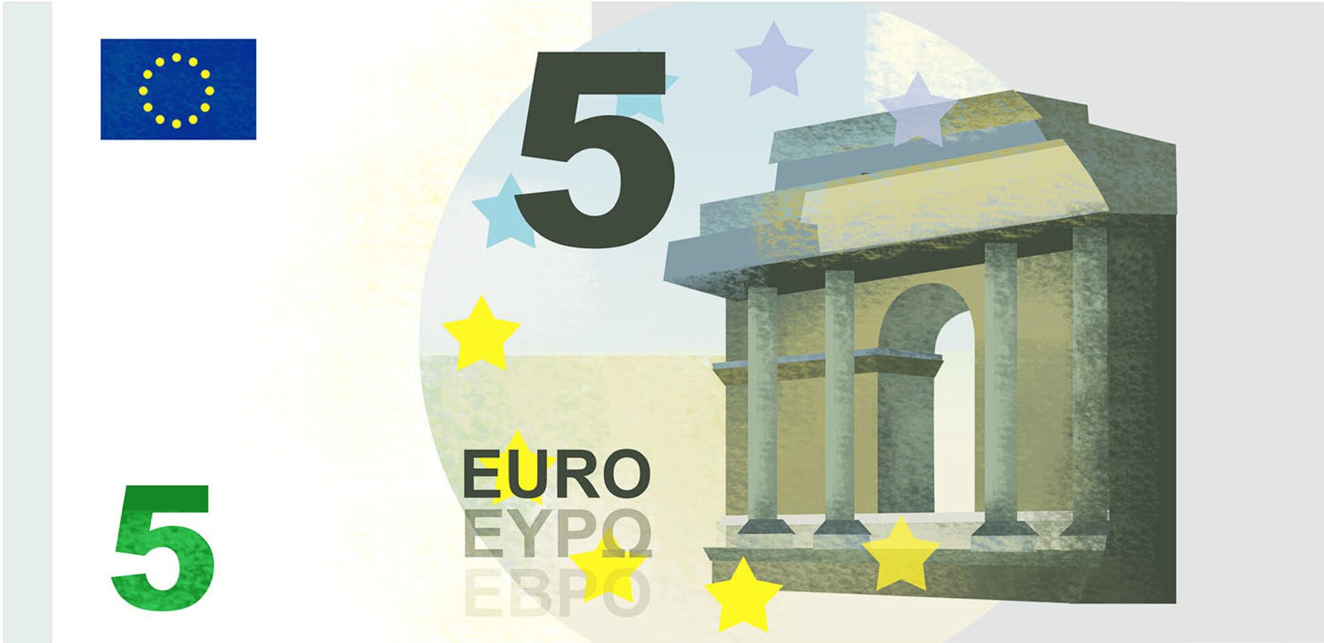 Grafika przedstawia banknot o wartości pięciu euro.