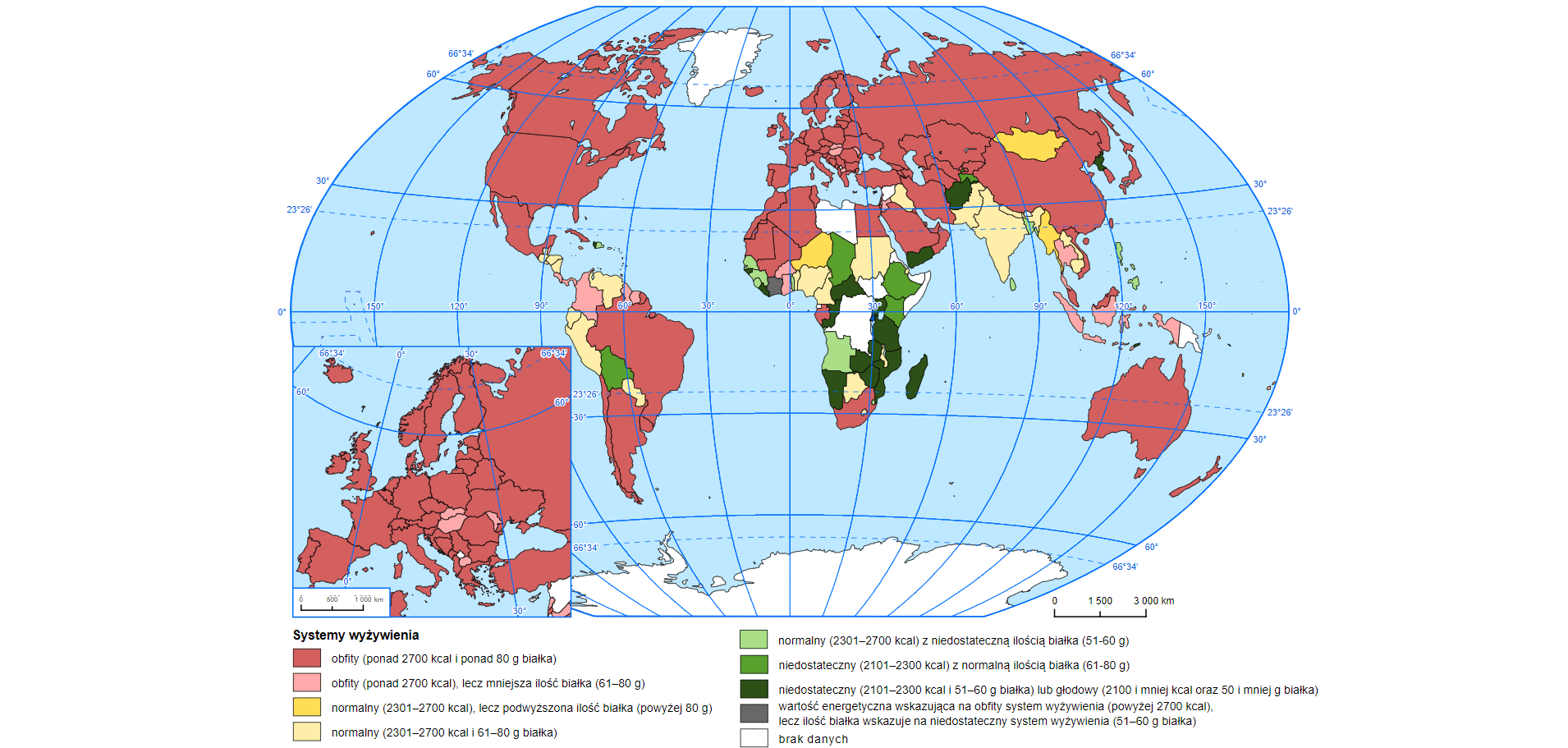Mapa świata przedstawia systemy wyżywienia. Obfity ponad 2700 kilokalorii i ponad 80 gramów białka występuje w Europie, Ameryce Północnej, Brazylii, Argentynie, Chile, Australii, Rosji, Kazachstanie, Chinach, Japonii, Arabii Saudyjskiej, północnej Afryce. Obfity ponad 2700 kilokalorii i białko od 61 do 80 gramów występuje w Kolumbii, Indonezji. Normalny od 2301 do 2700 kilokalorii i białko powyżej 80 gramów występuje w Mongolii, Nigrze. Normalny od 2301 do 2700 kilokalorii i od 61 do 80 gramów białka występuje w Ameryce Środkowej, Peru, Indiach, Sudanie, Nigerii. Normalny od 2301 do 2700 kilokalorii i od 51 do 60 gramów białka występuje w Angoli, na Filipinach. Niedostateczny od 2101 do 2300 kilokalorii i od 61 do 80 gramów białka występuje w Boliwii, Czadzie, Etiopii, Kenii. Niedostateczny od 2101 do 2300 kilokalorii i od 51 do 60 gramów białka lub głodowy poniżej 2100 kilokalorii i poniżej 50 gramów białka występuje w Afganistanie, Zimbabwe, Zambii, Mozambiku, Tanzanii, Namibii, na Madagaskarze. Wartości energetyczne wskazujące na obfity system wyżywienia powyżej 2700 kilokalorii lecz z niedostatecznym poziome białka od 51 do 60 gramów występują w Republice Wybrzeża Kości Słoniowej.