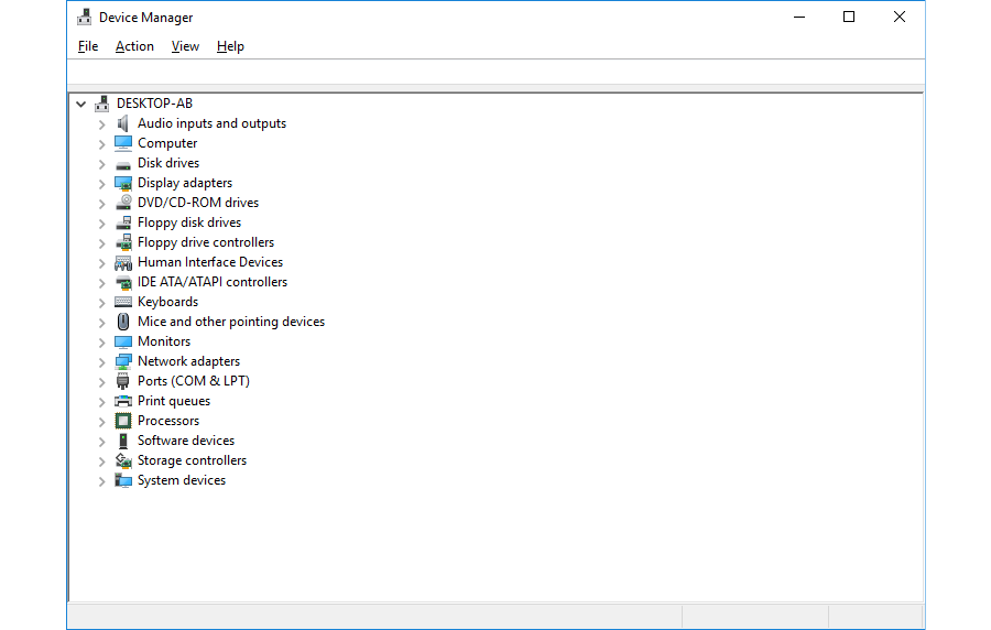  Zrzut ekranu przedstawia okno aplikacji Menadżer Urządzeń - Device Manager. Aplikacja pokazuje wszystkie składniki komputera oraz pozwala nimi zarządzać. Na górze menu: File, Action, View oraz Help. Poniżej okno zawierające odnośniki do wszystkich urządzeń komputera przedstawionych w postaci listy, jeden pod drugim.