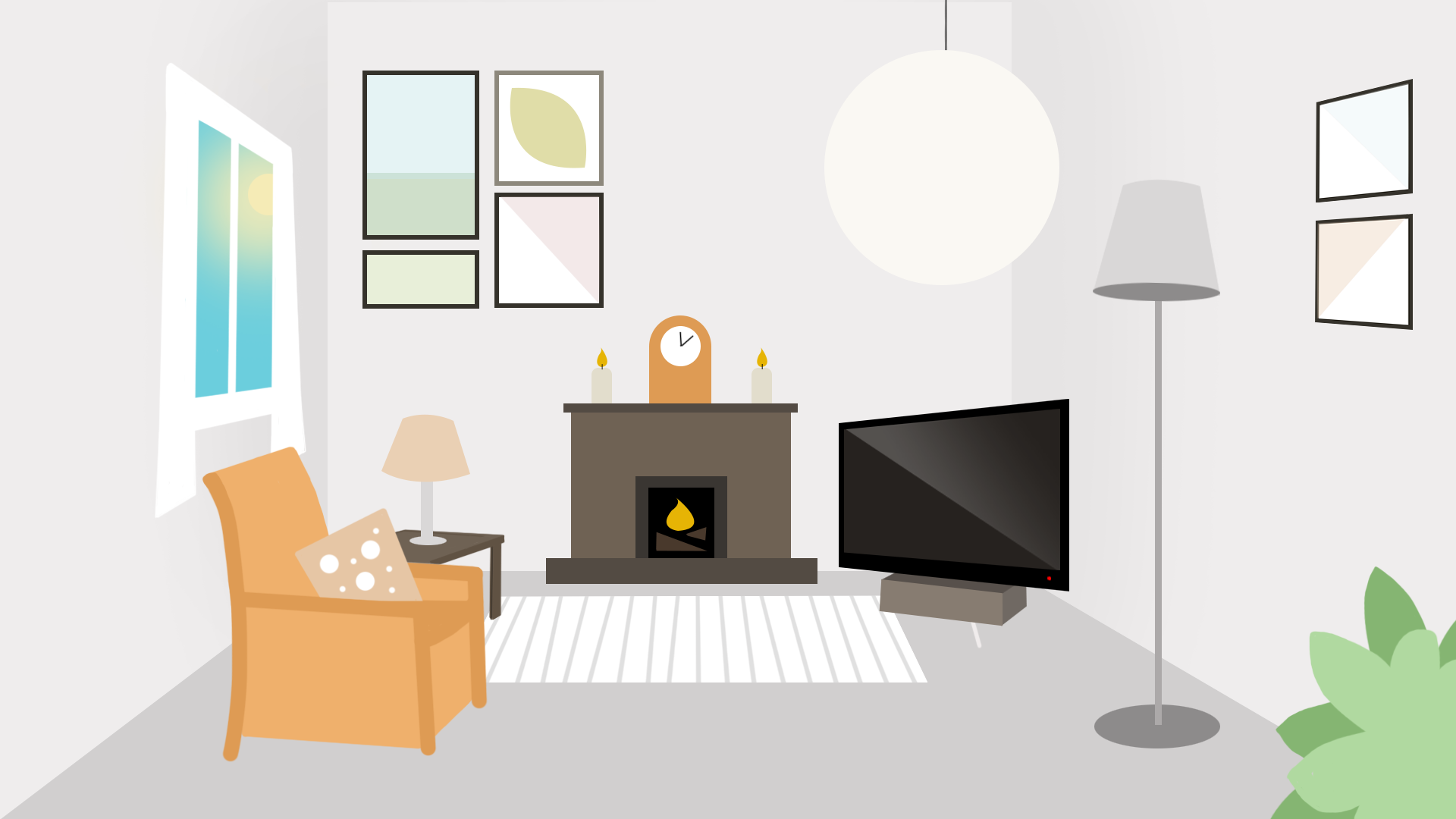 Rysunek przedstawia pokój, w którym znajdują się różne przedmioty. Naszkicowane są trzy ściany, brak ściany od strony patrzącego.Na ścianie po lewej stronie pokoju (po lewej ręce oglądającego) znajduje się okno, ozdobione krótkimi zasłonami, sięgającymi parapetu. Przez okno widać świecące słońce. Z sufitu zwisa lampa o kulistym kształcie, na podłodze leży niewielki dywanik. W pokoju, pod oknem, znajduje się fotel, na którym leży poduszka, za nim widnieje stolik, na którym stoi lampa. Na wprost patrzącego widnieje kominek, w którym buzuje ogień. Kominek przystrojony jest stojącym dokładnie na środku zegarem, a po jego obydwu stronach stoją świecące się świece.