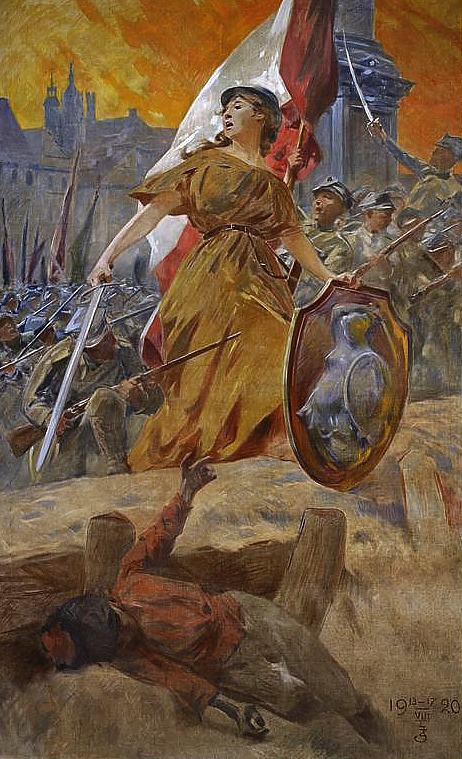 Obraz przedstawia młodą kobietę stojącą na barykadzie. Kobieta trzyma w lewej ręce tarczę, w prawej miecz. Za jej plecami widać polskich żołnierzy piechoty z karabinami, nacierającymi do ataku. Jeden z żołnierzy trzyma polską flagę.