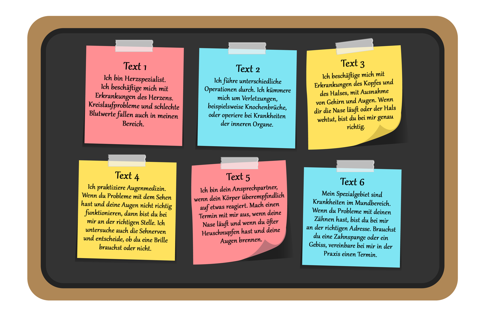 Ilustracja przedstawia 6 różnych kwadratowych kartek. Są one przyklejone kawałkami taśmy do tablicy. Znajdują się na nich teksty. Transkrypcja znajduje się poniżej.