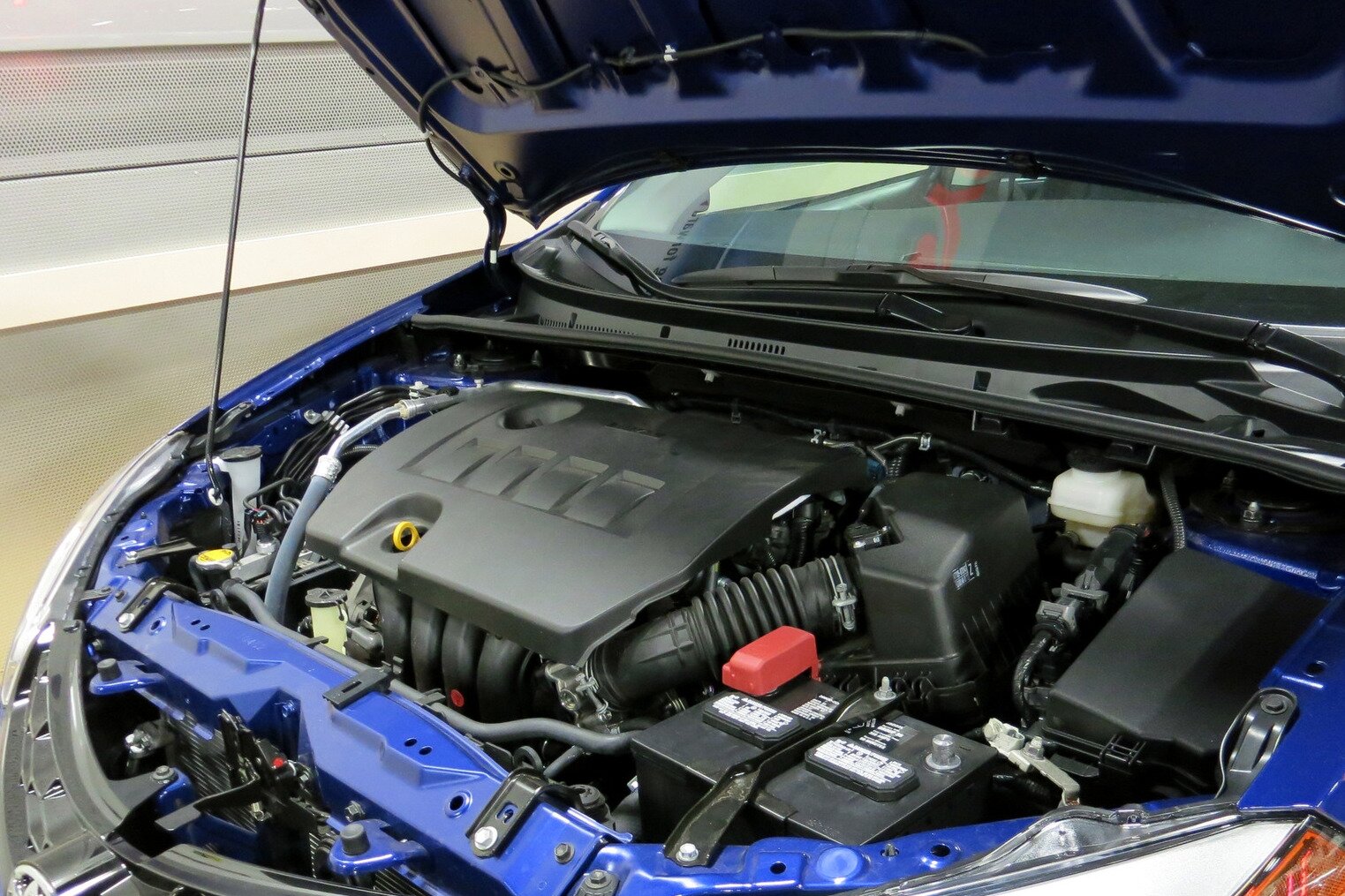 Zdjęcie przedstawia silnik i inne elementy samochodu widoczne po otwarciu maski.