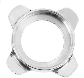 Zdjęcie przedstawia nakrętkę dociskową. Widok z góry. Widoczny jest okrąg z czterema wystającymi motylkami. Całość wykonana ze stali nierdzewnej. 