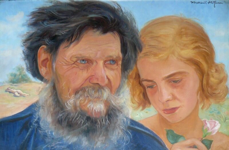 Obraz przedstawia twarze dwojga ludzi – kobiety i mężczyzny. Ona jest uosobieniem młodości, on starości. Twarz mężczyzny jest poznaczona zmarszczkami, porośnięta bujną brodą i wąsami, w których widoczne są siwe włosy. Łagodne oczy człowieka patrzą gdzieś na bok. Bujne, ciemne włosy przeplatane są pasemkami siwizny. Za jego plecami, w tle na trawie widać sylwetkę leżącego nagiego człowieka. Druga twarz, należąca do młodej kobiety, znajduje się na obrazie po prawej stronie. Niewiasta ma delikatną, gładką twarz i lekko spuszczone oczy. Jasne włosy lekko wywijają się na boki. W dłoni uniesionej do twarzy trzyma różę, której pąk dopiero się otwiera. Nastrój obrazu jest łagodny i pogodny. Mężczyzna i kobieta mają delikatnie przybliżone do siebie twarze, są spokojni, wyciszeni.