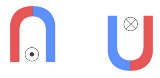 Dwa magnesy w kształcie podkowy, między ich biegunami, prostopadle do płaszczyzny obrazu, umieszczono przewodniki. Lewa podkowa skierowana jest biegunami w dół, z lewej strony biegun czerwony, z prawej strony biegun niebieski, między biegunami narysowane kółko z kropką w środku. Prawa podkowa skierowana jest biegunami w górę, z lewej strony biegun niebieski, z prawej strony biegun południowy, między biegunami narysowane kółko z krzyżykiem w środku. 