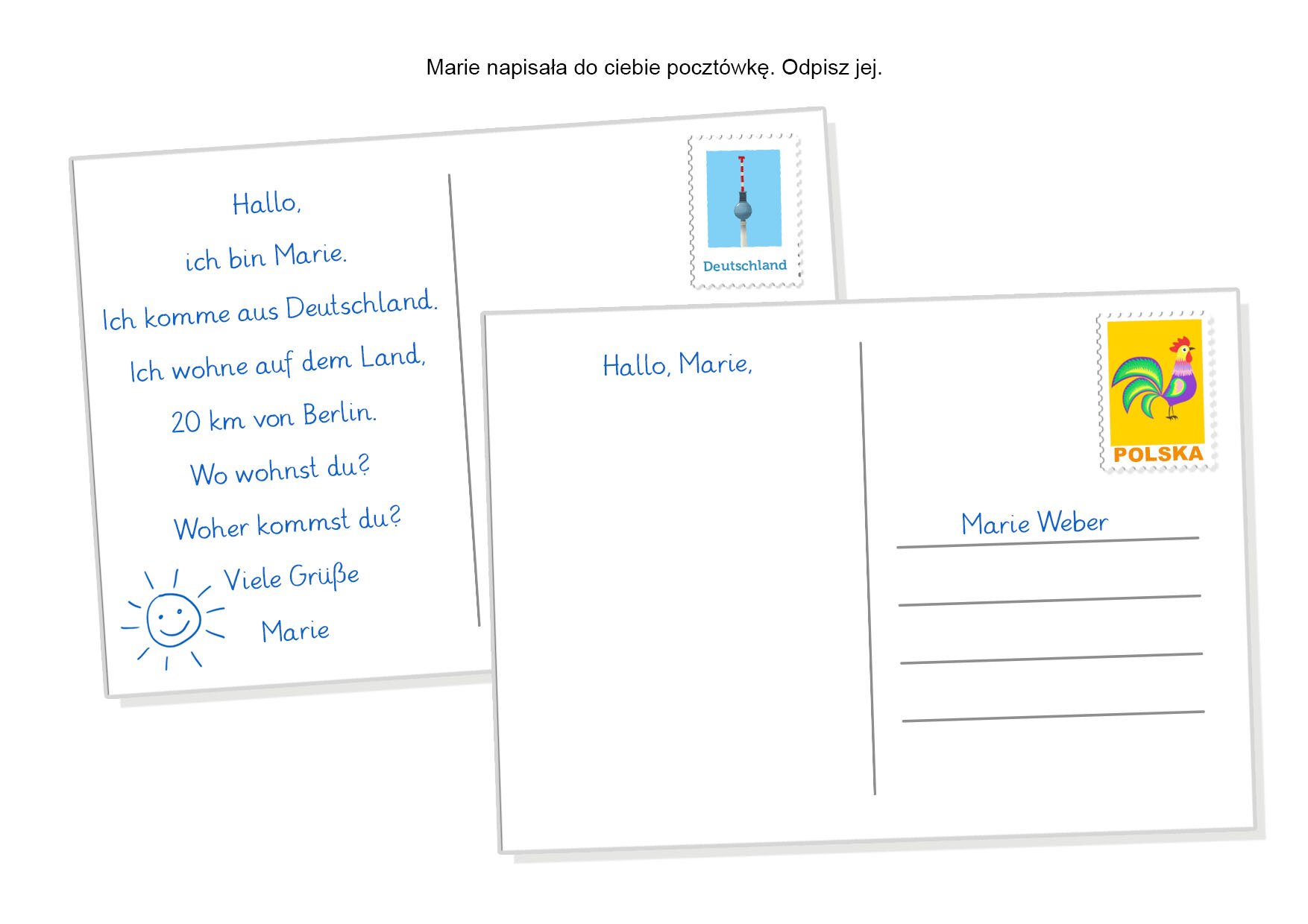 Ilustracja przedstawia dwie kartki pocztowe, z każdej z nich widoczne ssą naklejone znaczki. Na jednej z kartek znajduje się adres, natomiast na drugiej - tekst pozdrowień oraz adres.