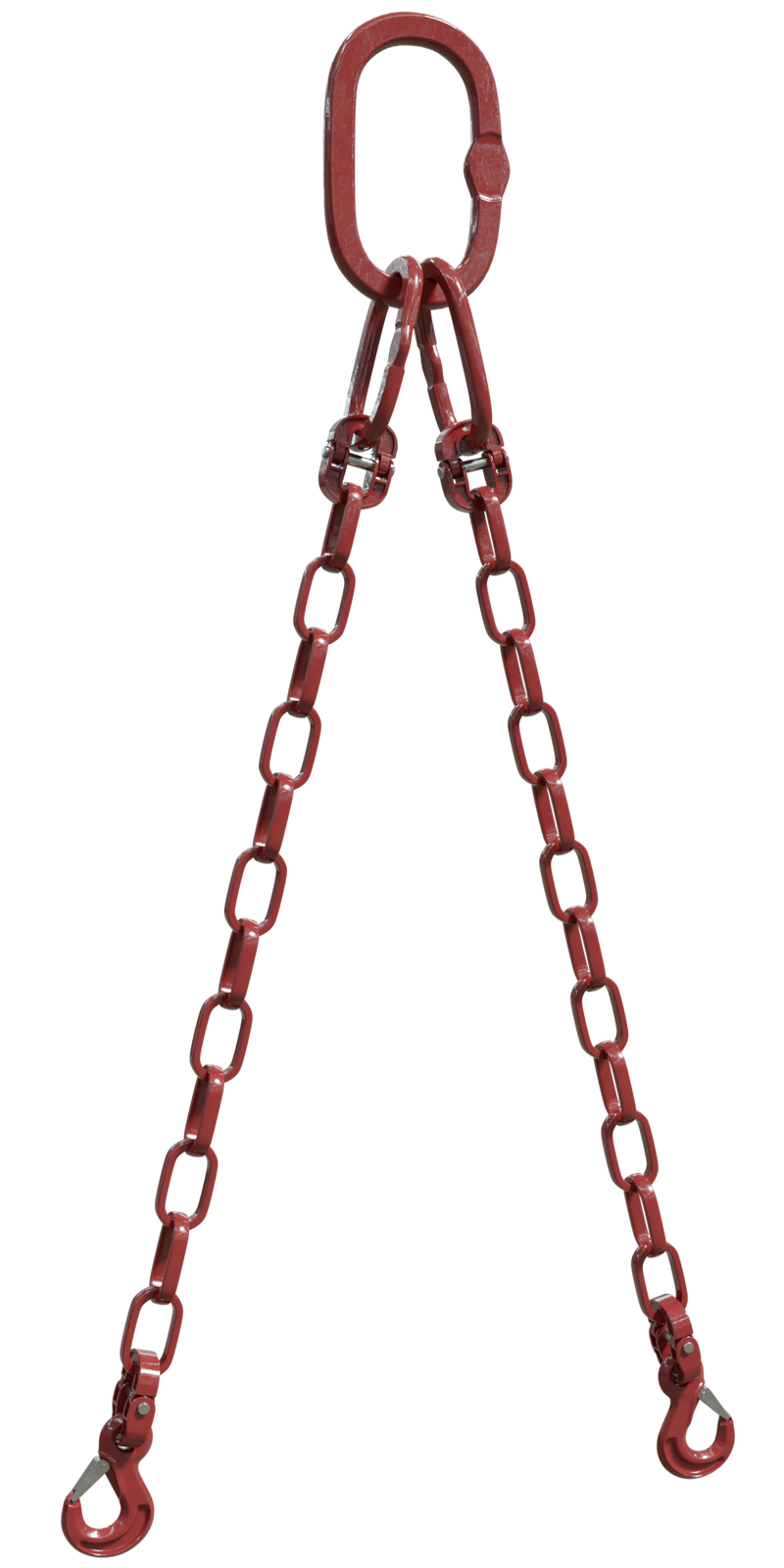 Na zdjęciu przedstawione jest zawiesie łańcuchowe dwucięgnowe zakończone z jednej strony hakami z zabezpieczeniami.Na zdjęciu widoczne są dwa zawiesia. Podstawą zawiesia jest łańcuch oczkowy. Górna część łańcucha jest przymocowana do pojedynczego ogniwa. Dwa ogniwa są zaczepione do dużego ogniwa zbiorczego . W dolnej części każde z zawiesi jest zakończone hakiem. Hak wyposażony jest w zapadkę zamykającą ucho.