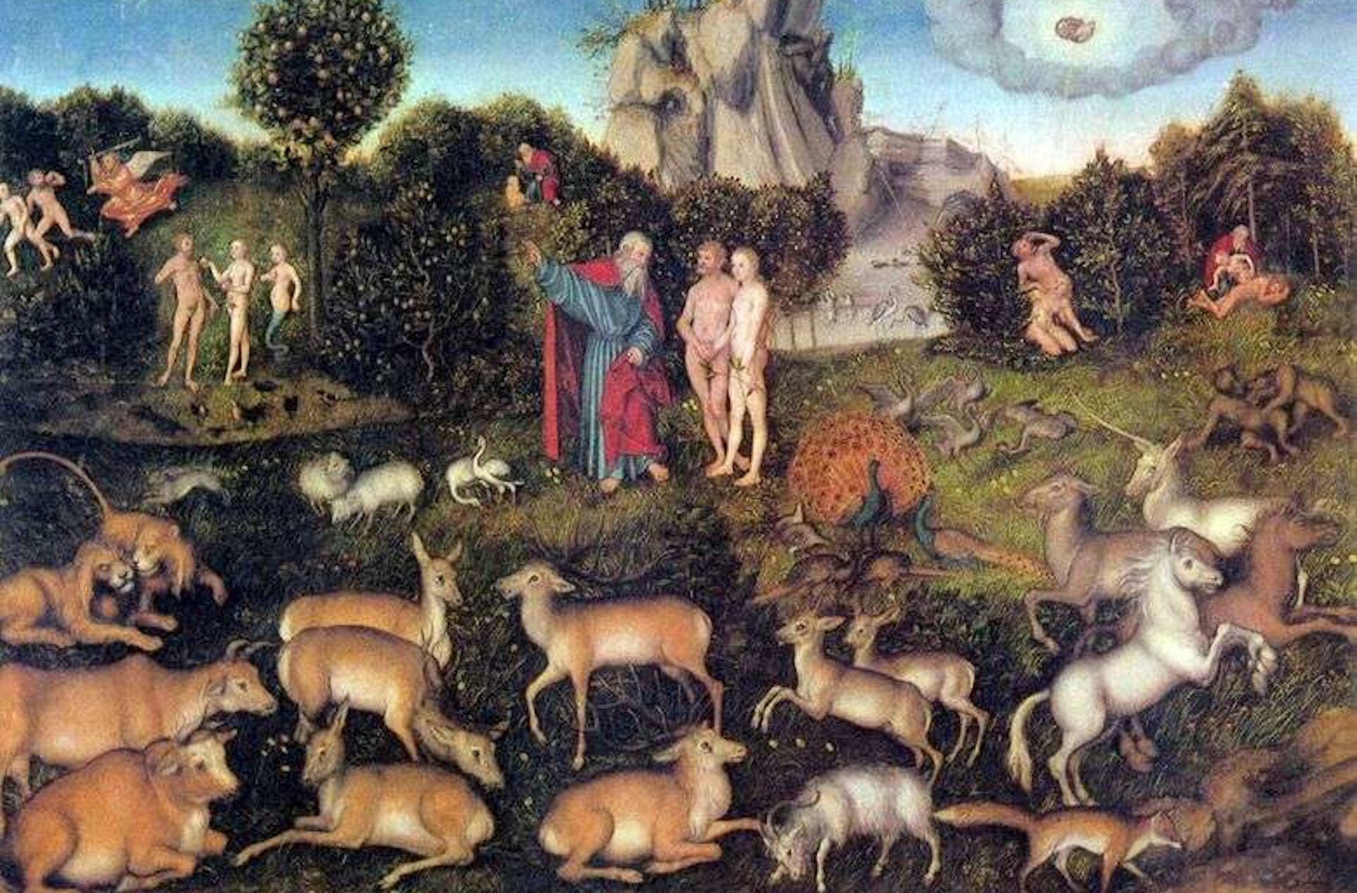 Ilustracja przedstawia ogród pełen różnorodnych zwierząt. W środkowej części stoi naga para kobiety i mężczyzny oraz ubrany w togę starzec.