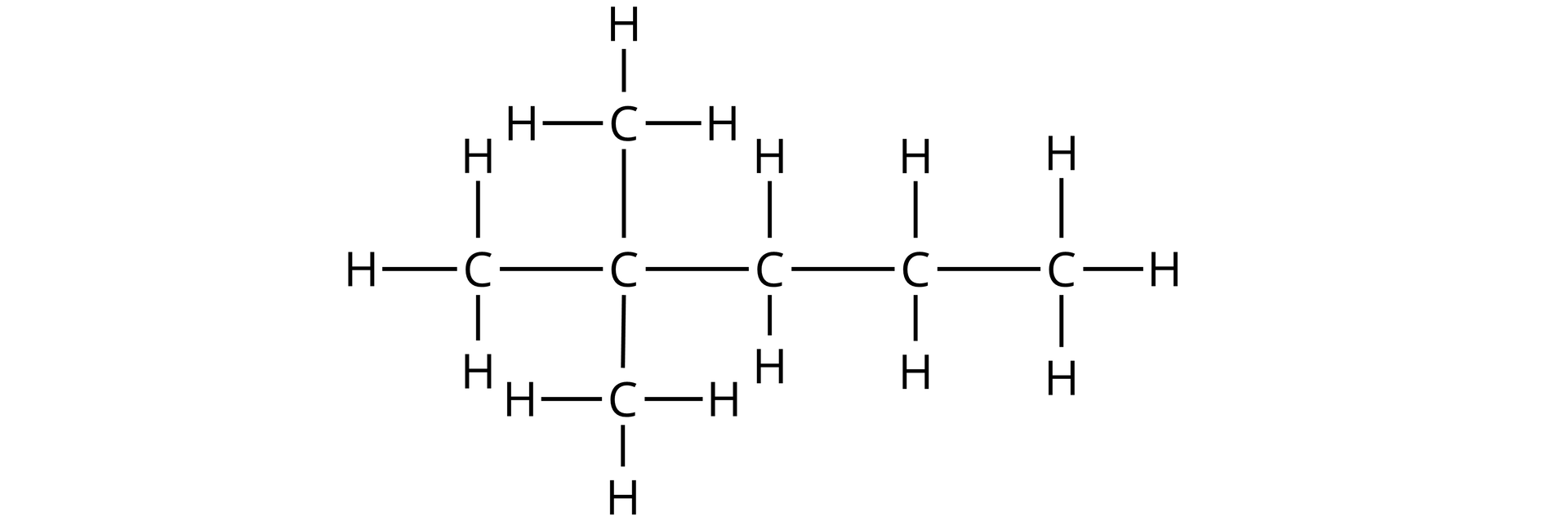Na ilustracji jest wzór: łańcuch główny zbudowany jest z pięciu atomów węgla. Drugi atom węgla od lewej strony łączy się na na górze i na dole układem - atom węgla połączony jest z trzema atomami wodoru. Skrajne atomy węgla we wzorze łączą się z trzema atomami wodoru - każdy z nich. Każdy z pozostałych atomów węgla łączy się z dwoma atomami wodoru - jednym na górze łańcucha, drugim na dole.  