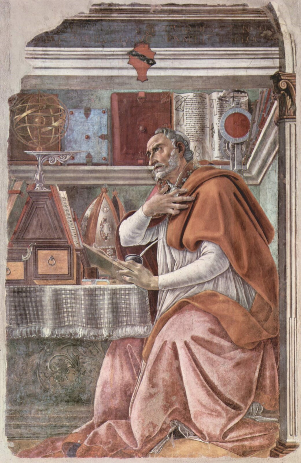 Obraz przedstawia starszego, siwowłosego mężczyznę z brodą, siedzącego przy stole. Mężczyzna ubrany jest w szaty biskupie. Na stole stoi tiara. Mężczyzna opiera lewą rękę o stół. Prawą rękę trzyma na piersiach. 