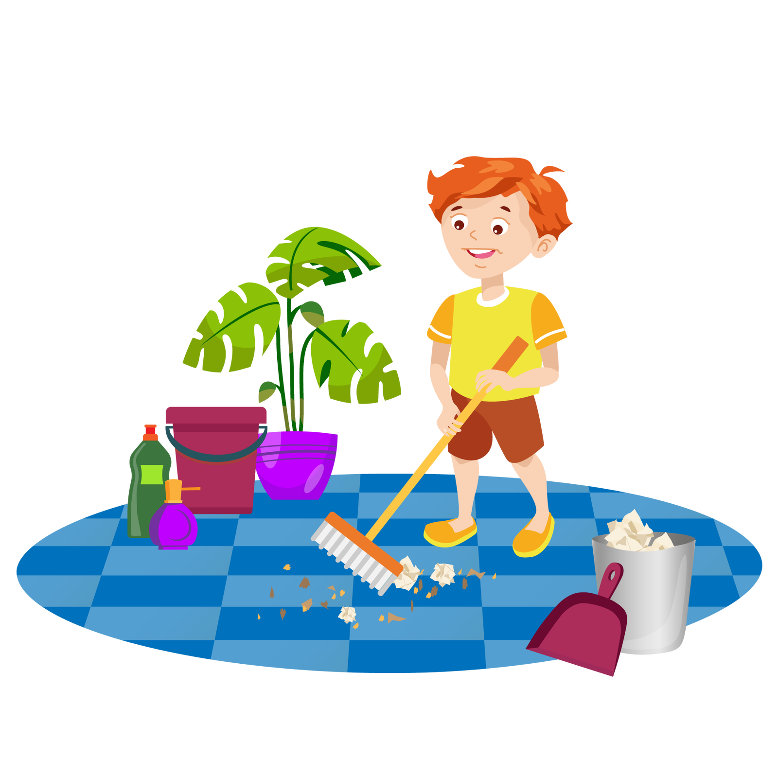 Ilustracja przedstawia podłogę wyłożoną jasnoniebieskimi i ciemnoniebieskimi płytkami. Po lewej stronie znajdują się na niej różne przedmioty: ciemnozielone butelka płynu do naczyń, fioletowy pojemnik mydła z dozownikiem, wiadro w kolorze wiśniowym i duża zielona roślina w fioletowej donicy. Po prawej stronie stoi srebrny kosz na śmieci, o który jest oparta szufelka w kolorze wiśniowym. W koszu widać zgniecione kawałki papieru. Na środku pomieszczenia znajdują się śmieci. Obok nich stoi uśmiechnięty Franek. Jest ubrany w żółtą koszulkę z krótkimi pomarańczowymi rękawami, krótkie brązowe spodnie i pomarańczowe buty z żółtymi podeszwami. W rękach trzyma pomarańczową miotłę, którą zamiata śmieci.