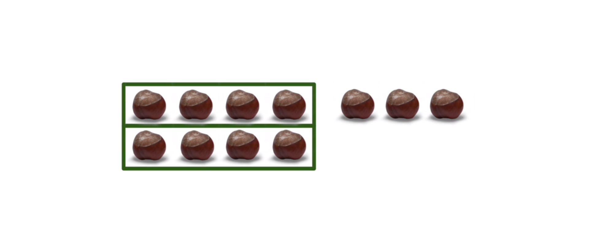 Na rysunku przedstawionych jest 11 kasztanów. Leżą one w trzech grupach: dwie grupy zawierają po 4 kasztany , a jedna grupa – 3 kasztany.