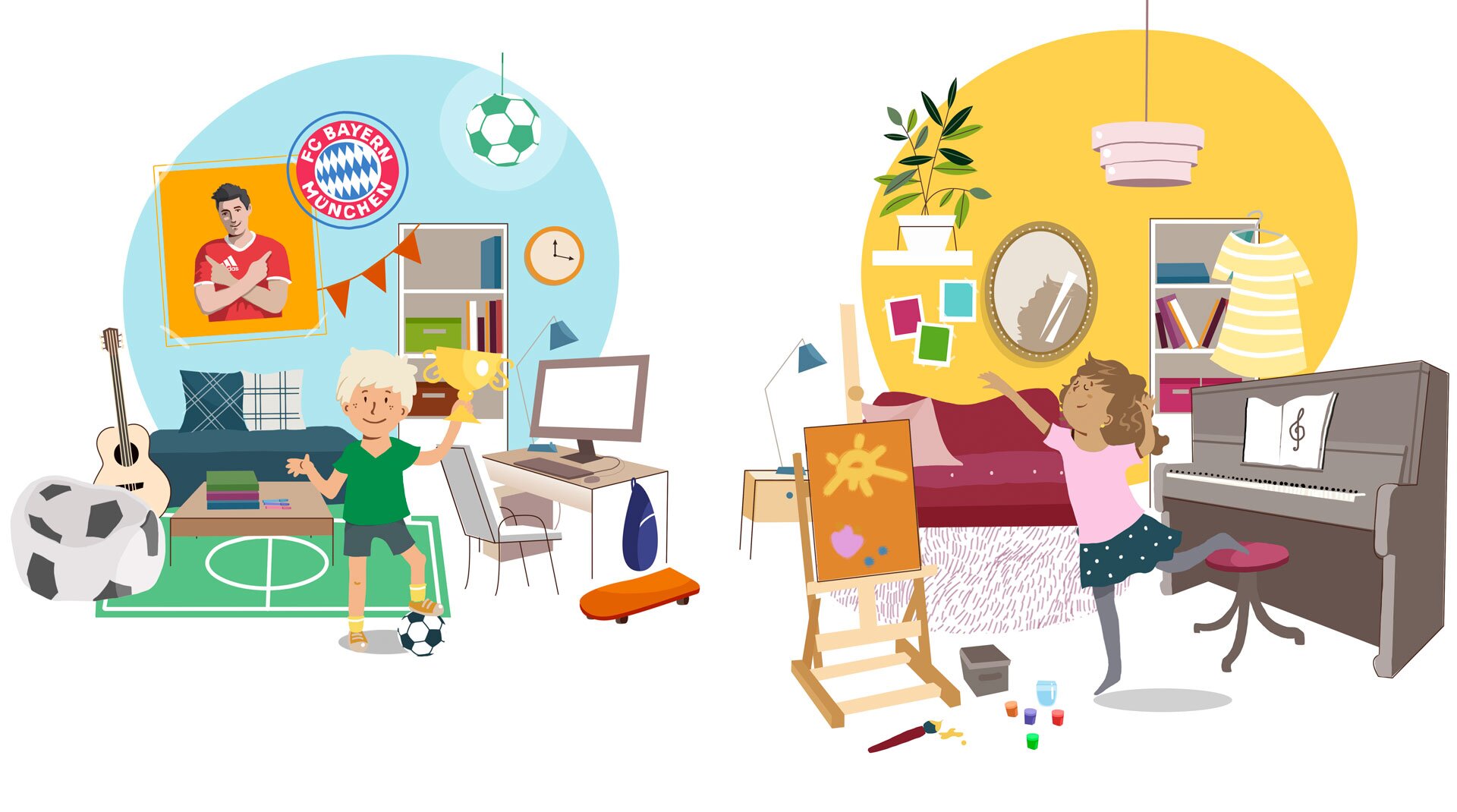 Ilustracja przedstawia dwie postaci, które znajdują się w swoich pokojach. Po lewej stronie jest chłopiec. Ma krótkie, blond włosy, zieloną koszulkę i niebieskie spodenki. W ręku trzyma uniesiony złoty puchar, a pod nogą ma piłkę. W jego pokoju na ścianie wisi plakat z piłkarzem oraz logo klubu piłkarskiego FC Bayern München. Obok jest zegar oraz regał z książkami. W pokoju wisi żyrandol w kształcie piłki nożnej. Na podłodze leży zielony dywan ze wzorem boiska do gry w piłkę nożną. Po lewej stoi łóżko, stolik z książkami, gitara oraz puf ze wzorkiem piłki nożnej. Po prawej jest biurko z komputerem, krzesło, niebieski plecak oraz deskorolka. Po prawej stronie ilustracji znajduje się dziewczynka. Tańczy, ma długie, brązowe włosy. Ubrana jest w różową koszulkę, ciemnoniebieską spódniczkę w białe kropki oraz szare rajstopy. Na ścianie wiszą kolorowe obrazki, lustro oraz półka z rośliną. Z sufitu zwisa różowy żyrandol. Po lewej jest fioletowa kanapa, szafka z lampką oraz sztaluga z obrazem. Pod sztalugą leży pędzel, pojemniki z kolorowymi farbami oraz pudełko. Po prawej stoi fortepian, za nim jest regał z książkami, na którym wisi żółta sukienka w białe paski.