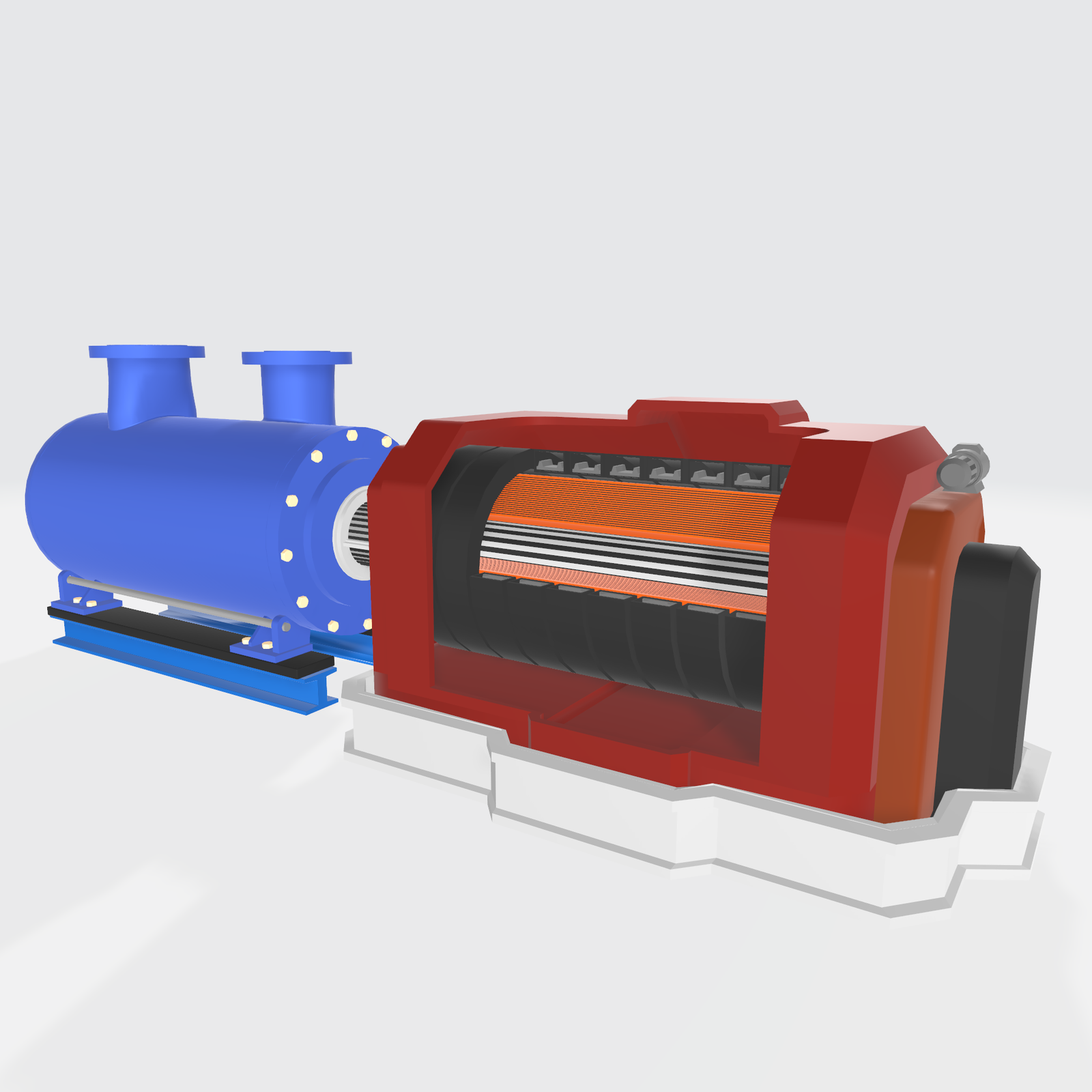 Grafika przedstawia sprężarkę łopatkowa połączoną z generatorem. Obudowa korpusu sprężarki ma cylindryczny kształt. W górnej części pokrywy widoczne są dwie rury. Rury zakończone są kołnierzami talerzowymi. Całe urządzenie umieszczone jest na postumencie i posiada nóżki stabilizujące. Obudowa generatora cechuje się masywną konstrukcją o kształcie prostopadłościanu. W części przedniej widoczne są otwory umożliwiające połączenie złączy i wtyków, które są ułożone w sposób szeregowy. 