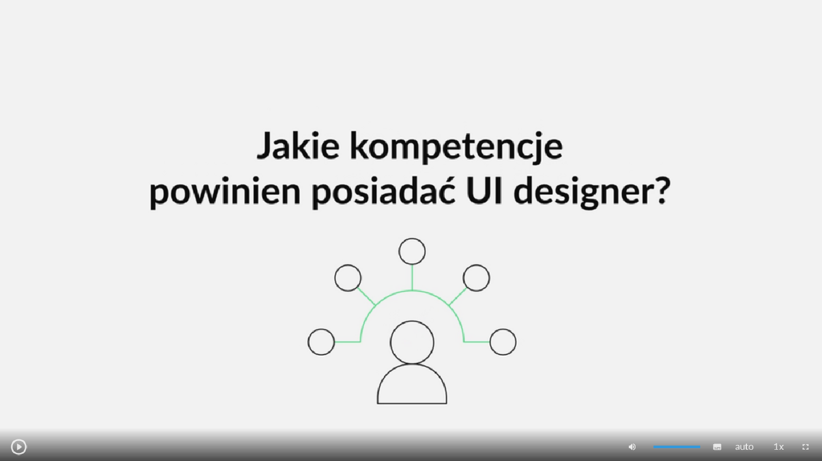 Grafika przedstawia wygląd odtwarzacza filmu. Na środku ekranu znajduje się tytuł filmu edukacyjnego: Jakie kompetencje powinien posiadać UI designer?