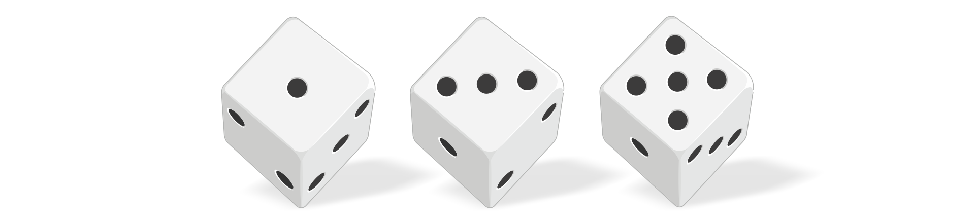 Na grafice ukazane są trzy sześcienne kostki do gry w kolorze białym. Na pierwszej wylosowano jedno oczko, na drugiej trzy, a na trzeciej pięć.