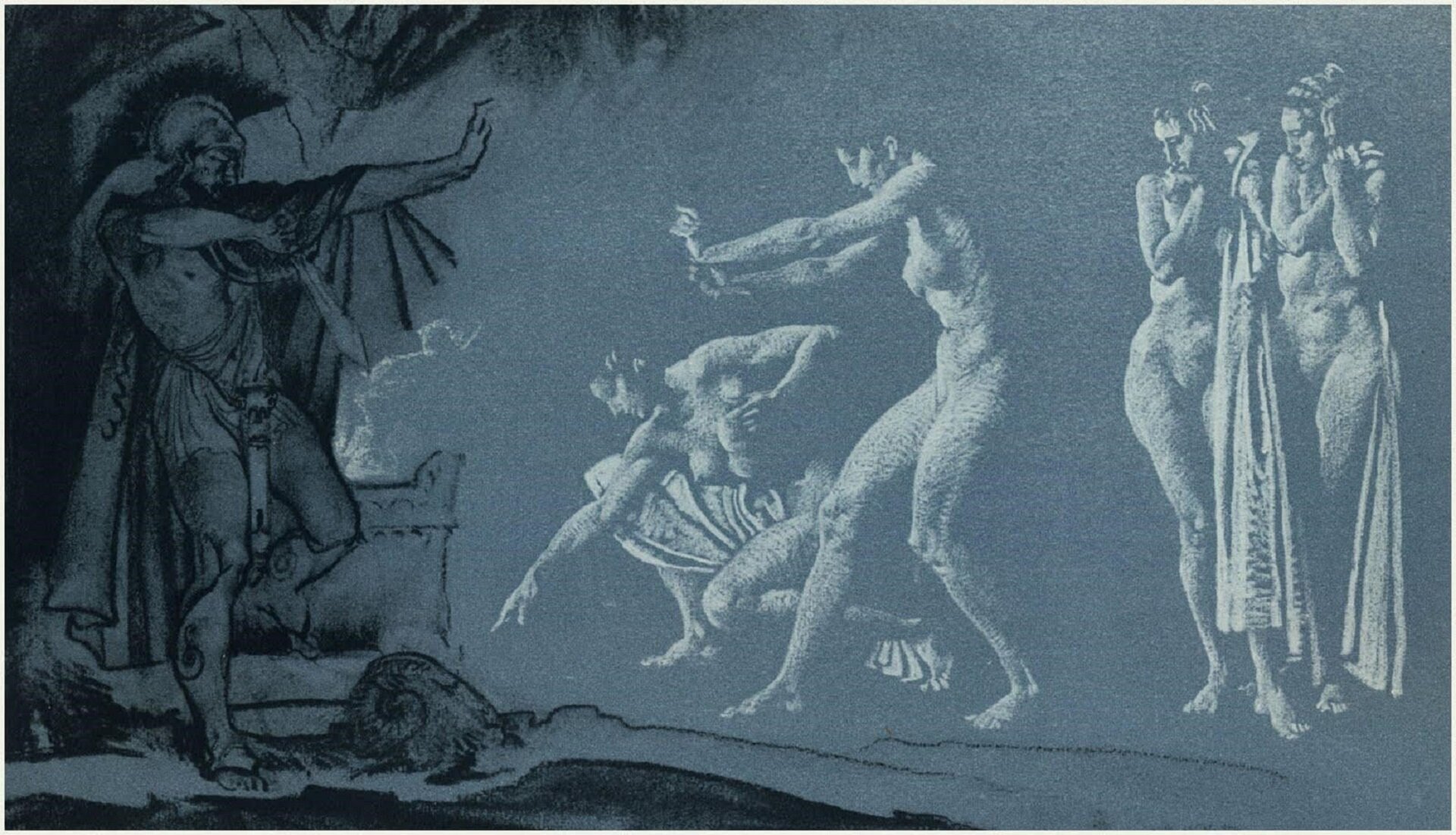 Ilustracja przedstawia dzieło Williama Russela Flinta pt. „Odyseusz w Hadesie”. Obraz utrzymany jest w szaroniebieskiej konwencji. Na pierwszym planie, po lewej stronie obrazu, widnieje postać Odysa w zbroi. Wyciąga on przed siebie jedną rękę, w drugiej trzyma miecz. Do bohatera zbliżają się cztery kobiety. Jedna wyciąga przed siebie ręce, druga, przykucnięta, wskazuje palcem na ziemię. Pozostałe stoją za nimi, jakby przestraszone.