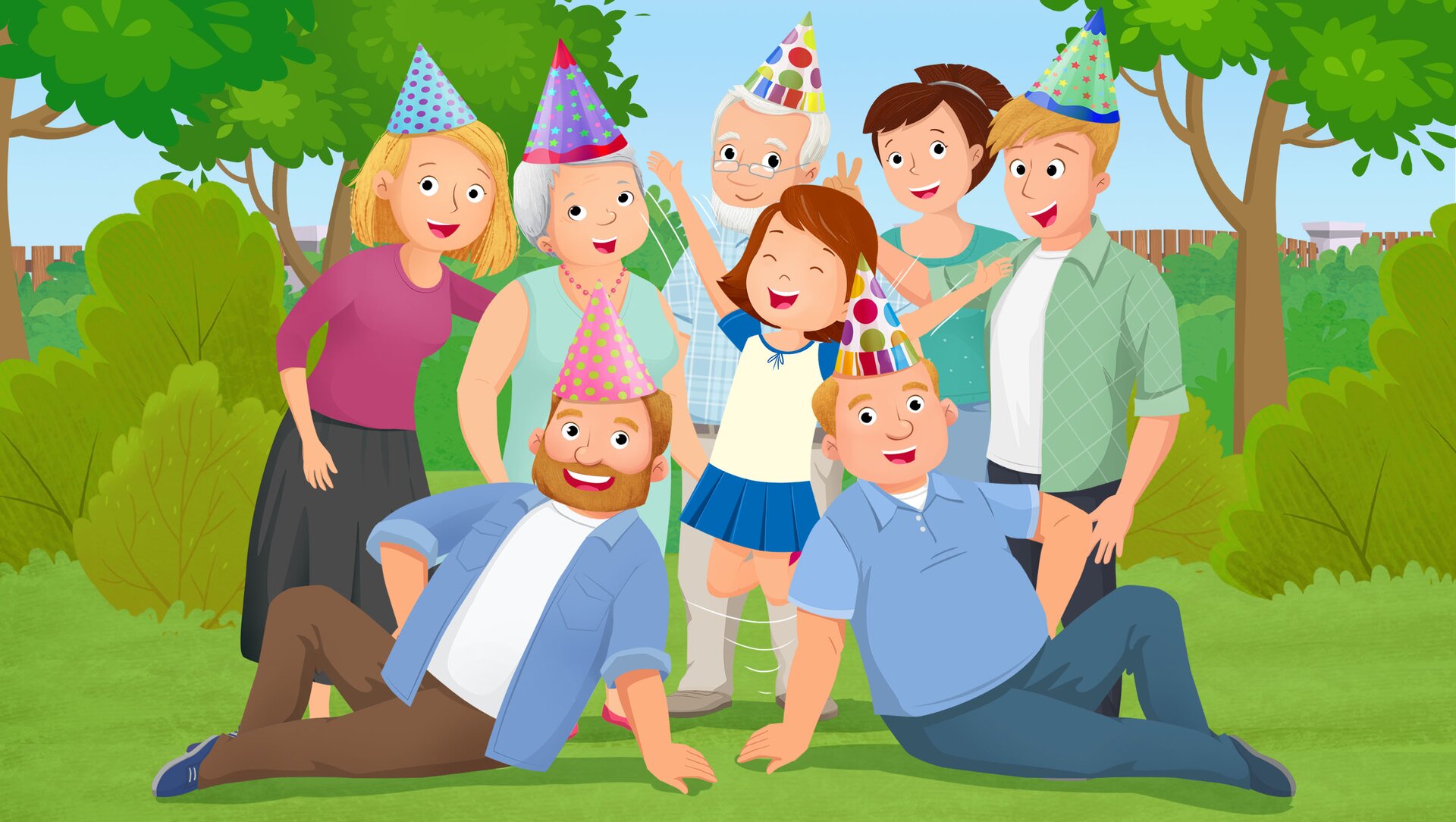 Na ilustracji znajdują się ludzie w czapeczkach na przyjęciu