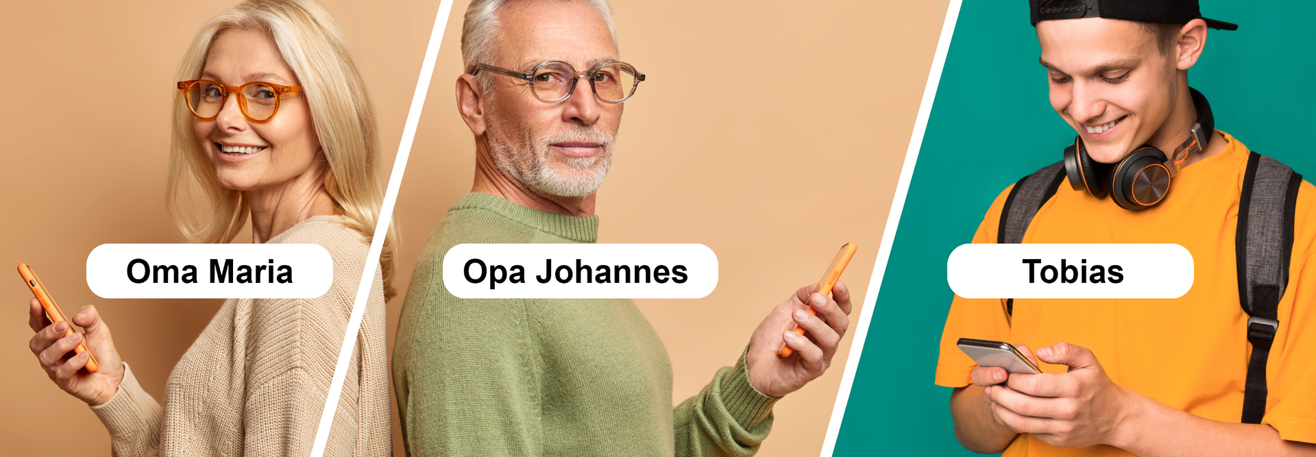 Ilustracja przedstawia babcię, dziadka i nastolatka. Wszyscy trzymają telefony.