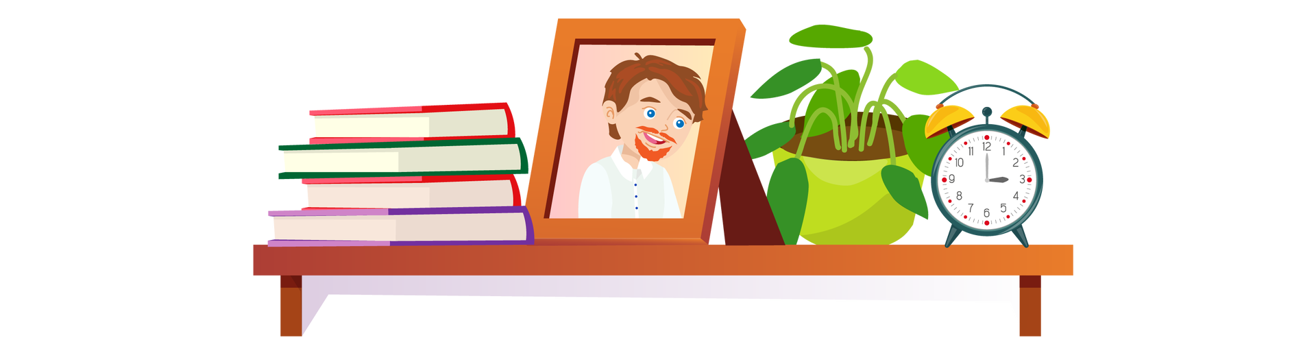 Ilustracja przedstawia brązową półkę, na której znajduje się kilka przedmiotów. Po lewej stronie są cztery książki ułożone jedna na drugiej. Pierwsza i trzecia ma czerwoną okładkę, druga ciemnozieloną, a czwarta fioletową. Na środku półki stoi portret mężczyzny w brązowej ramce. Mężczyzna ma krótkie brązowe włosy, rude wąsy i krótką rudą brodę. Jest ubrany w białą koszulę z długimi rękawami i kołnierzykiem, uśmiecha się. Na prawo od portretu stoi zielona roślina w jasnozielonej donicy oraz ciemnozielony budzik ze wskazówkami.