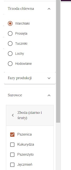 Grafika przedstawia panel umożliwiający wybór zwierząt, dla których wykonywany jest dobór paszy, fazy produkcji oraz surowce. Jest to podłużny panel z trzema zakładkami. Pierwsza zakładka nosi nazwę: Trzoda chlewna. Druga zakładka nosi nazwę: Fazy produkcji. Trzecia zakładka nosi nazwę: Surowce. Obok nazwy każdej z zakładek znajduje się strzałka. Gdy jest ona skierowana w dół to zakładka jest zwinięta. Strzałka skierowana do góry oznacza rozwiniętą zakładkę. Zakładkę rozwija się poprzez kliknięcie na nią. Pojawiają się wówczas możliwe do wyboru różne opcje, w zależności od wybranej zakładki. 