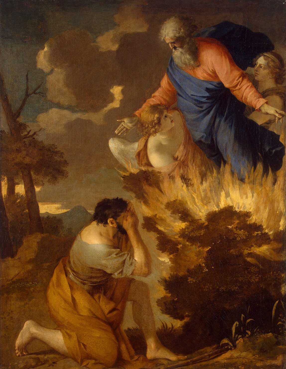 Obraz przedstawia płonący krzew, nad którym unosi się starszy mężczyzna z brodą. Towarzysza mu dwa anioły. Przed krzewem klęczy wsparty na jednym kolanie mężczyzna. Twarz ukrył w dłoniach. 