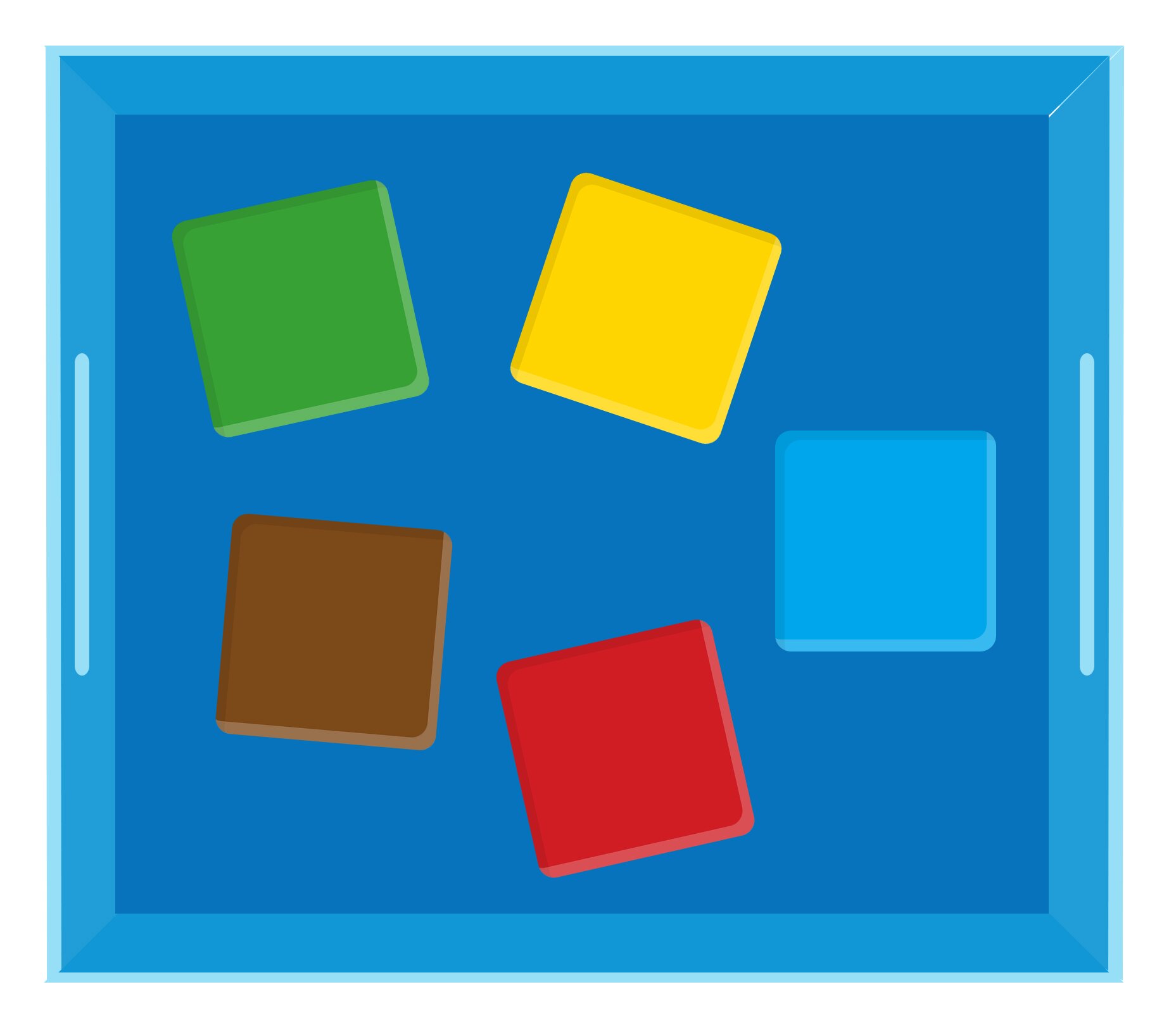 Ilustracja przedstawia pudełko, w którym znajdują się klocki: zielony, brązowy, żółty, czerwony i niebieski.